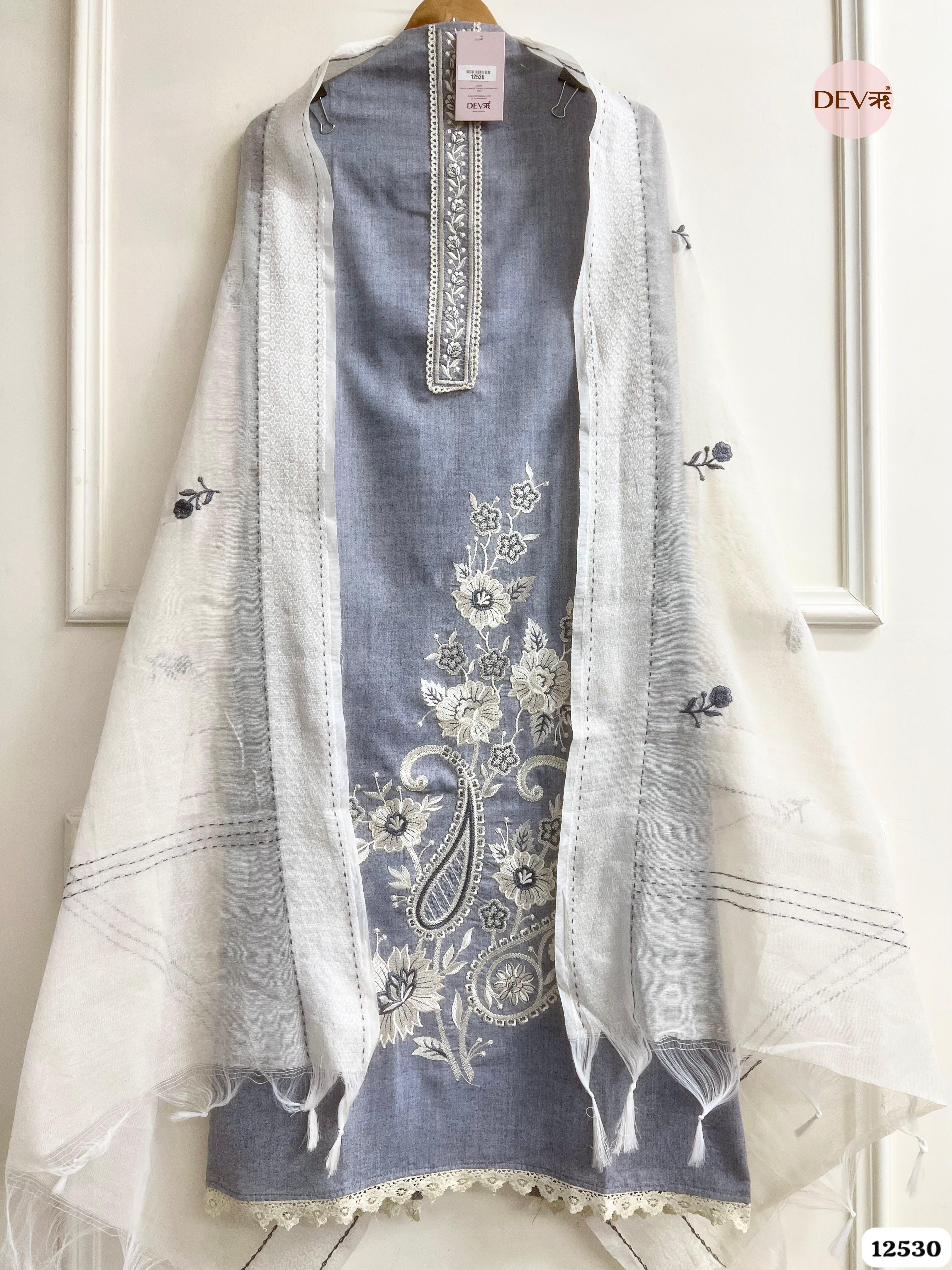 Grey Handloom Cotton Embroidered Unstitched 3-Piece Suit (Devri – D.No 12530)