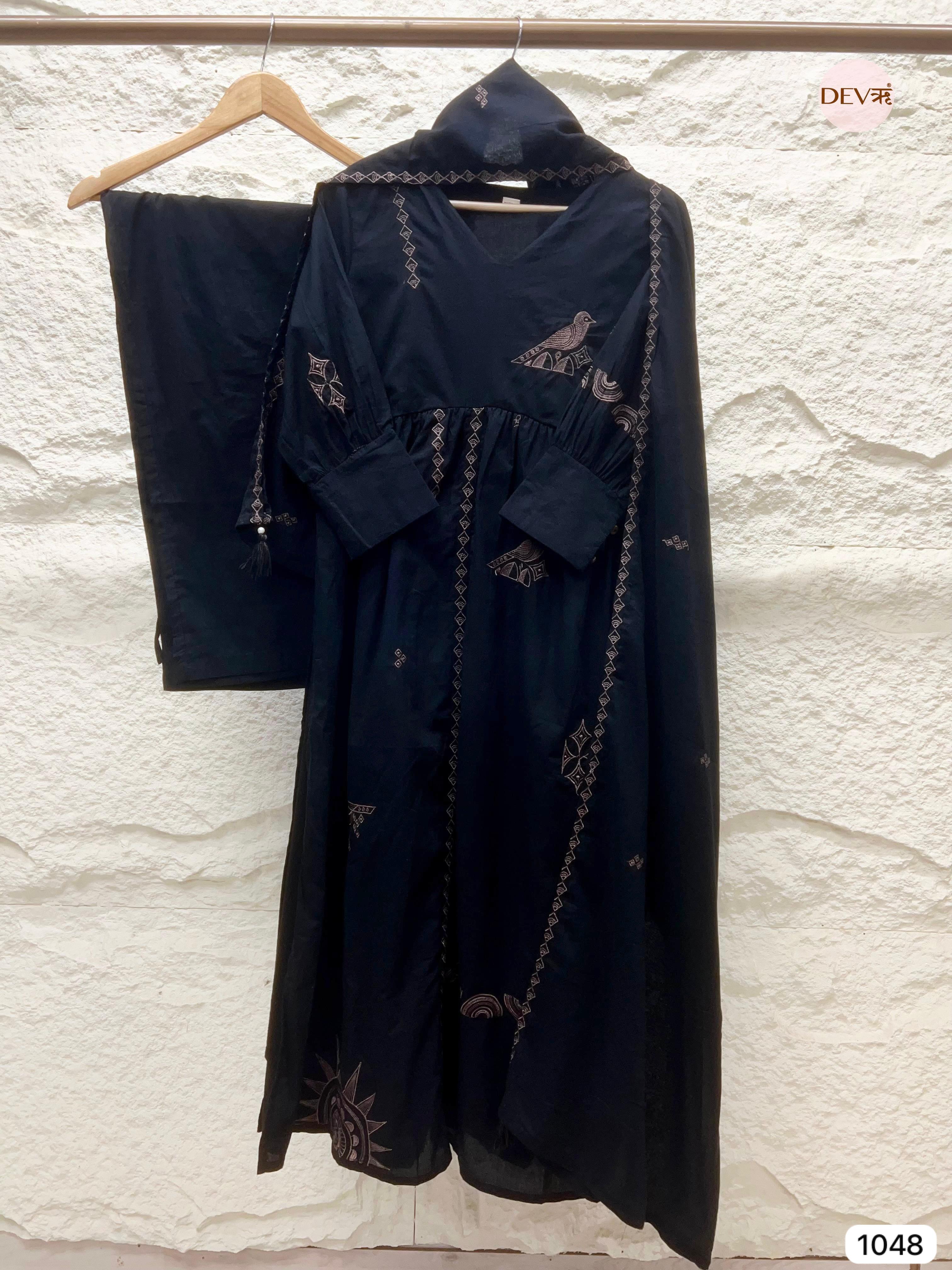 Elegant black stitched kurta set of 3 {1048}