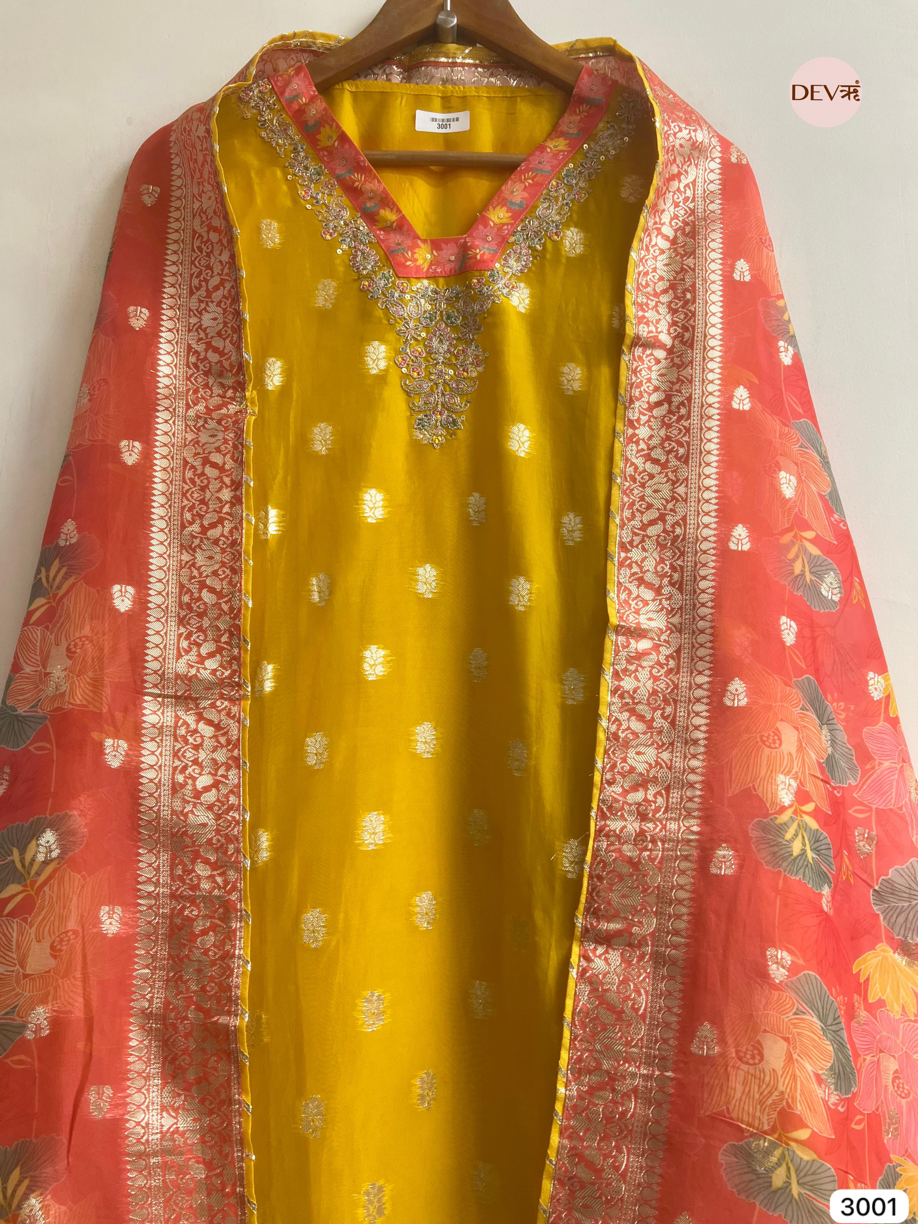 Yellow Organza Embroidered Unstitched 3-Piece Suit (Devri – D.No 3001)
