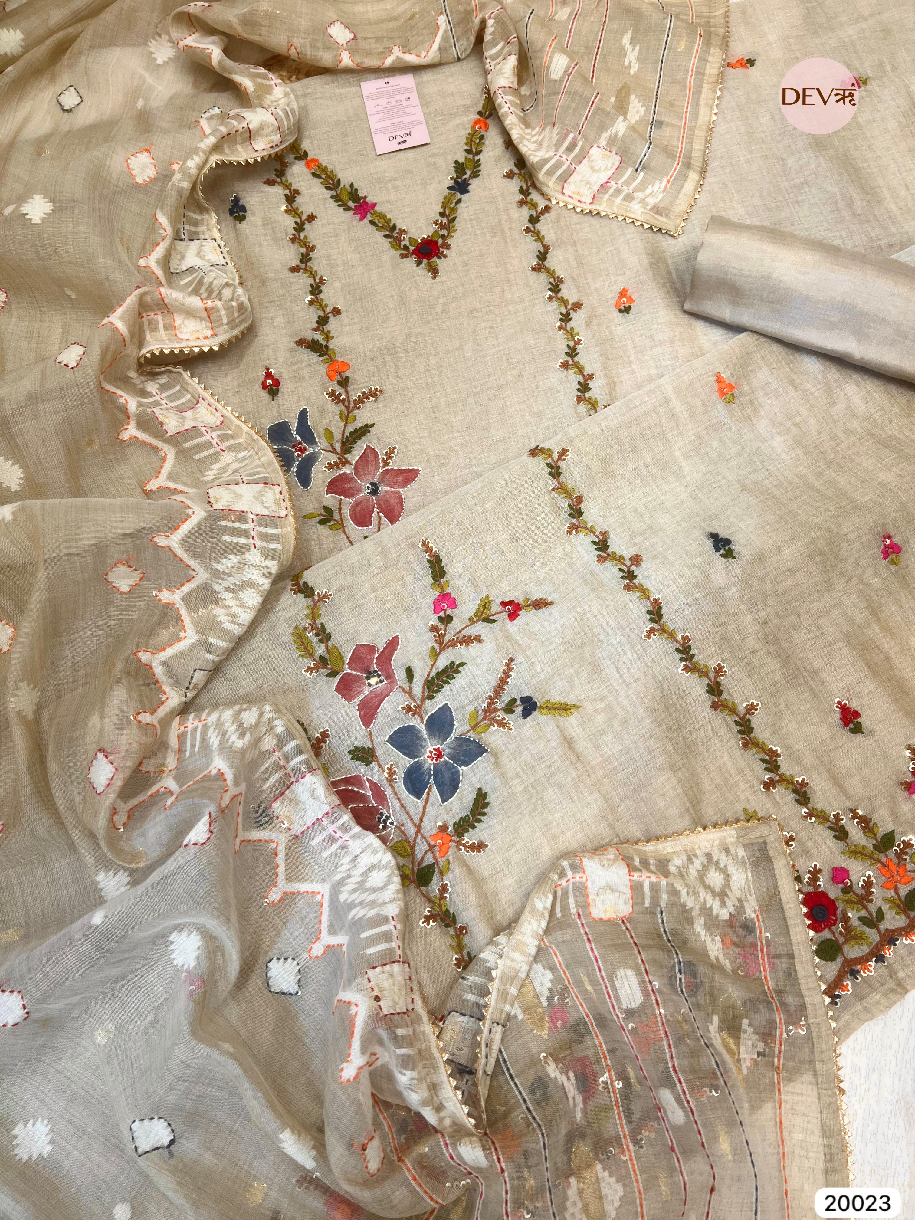 Beige Mul Chanderi Embroidered Unstitched 3-Piece Suit (Devri – D.No . 20023)
