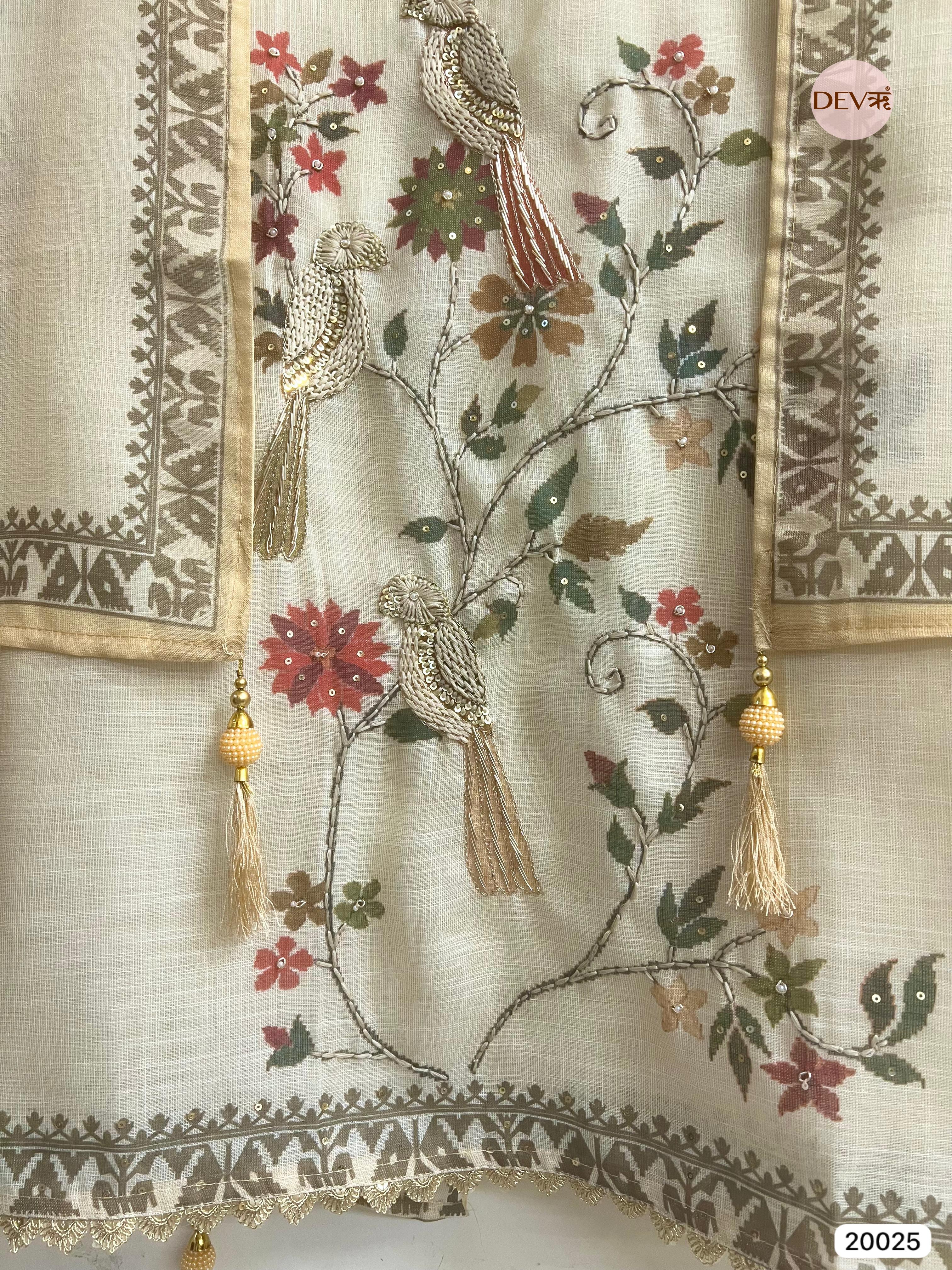 Ivory Linen Cotton Embroidered Unstitched 3-Piece Suit (Devri – D.No 20025
