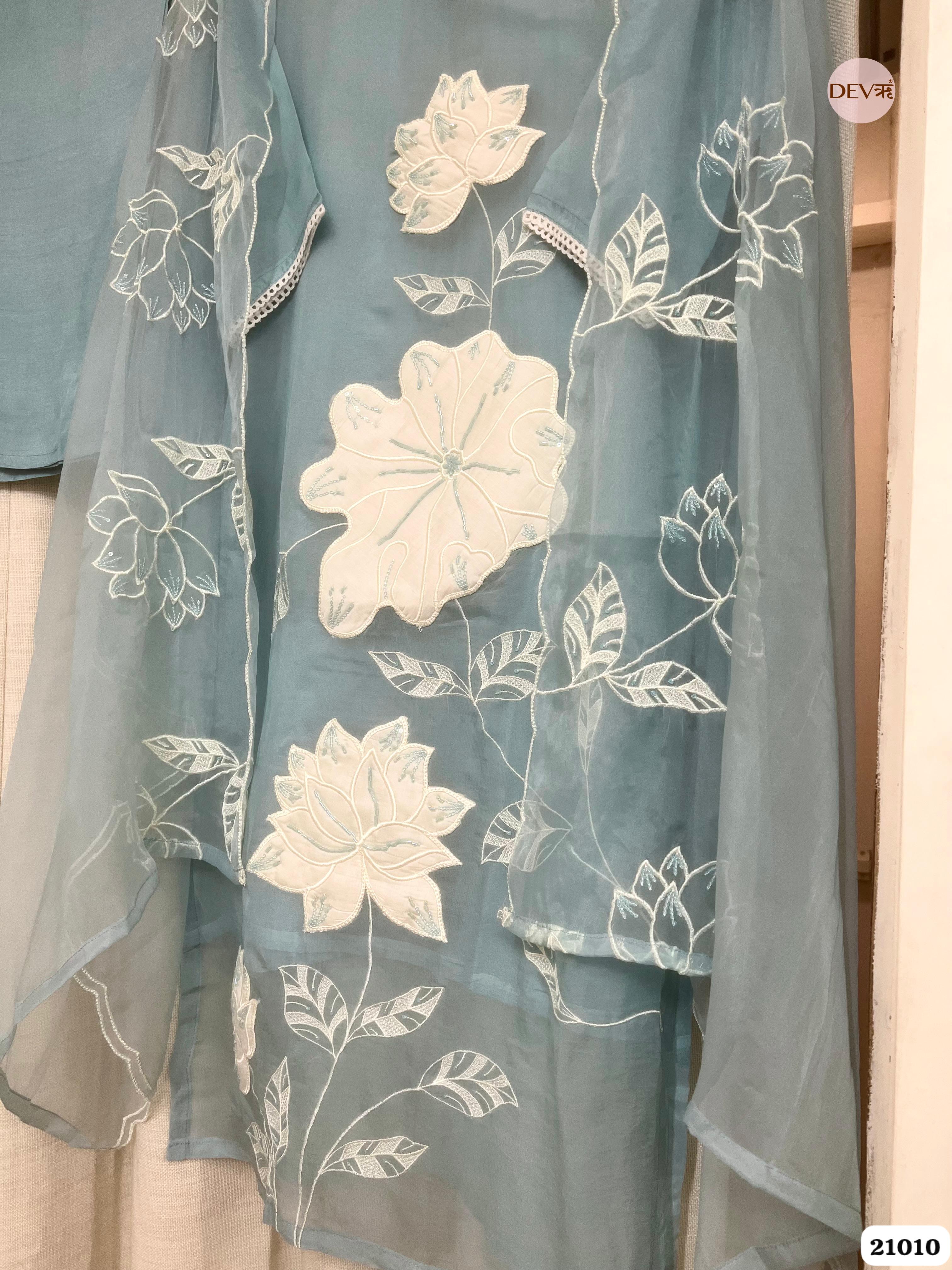 Vanya Organza Embroidered Sky Blue 3-Piece Set (Devri – D.No 21010)