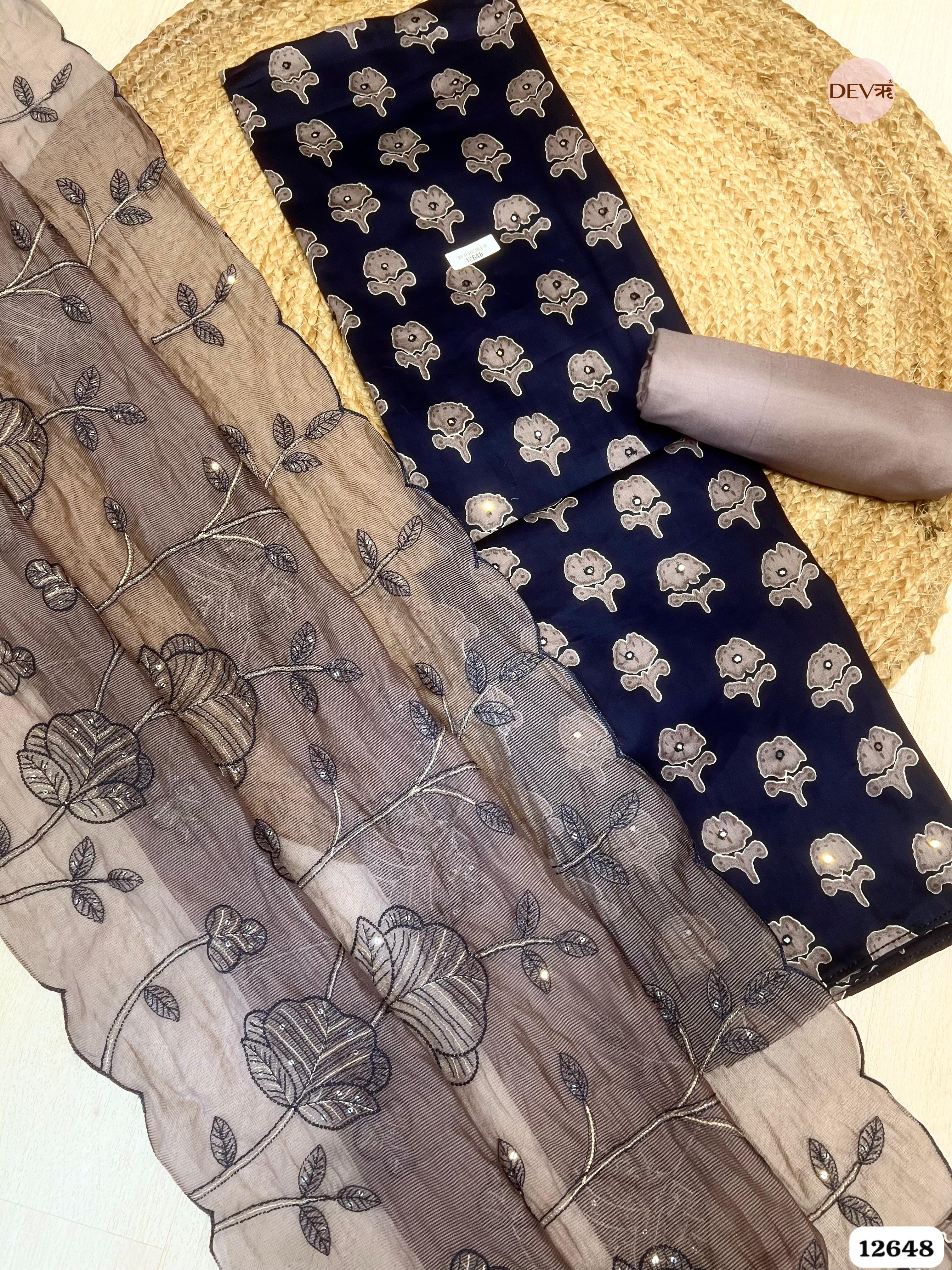 Navy Blue Cotton Embroidered Unstitched 3-Piece Suit (Devri – D.No 12648)