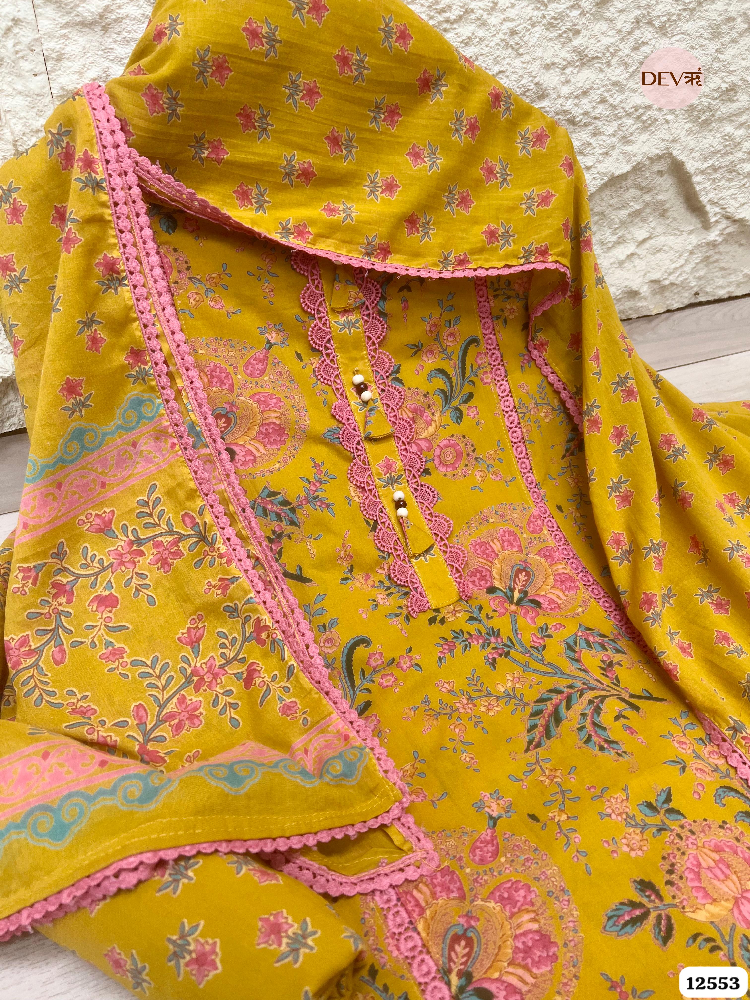 Mustard Pure Cotton Printed Unstitched 3-Piece Suit (Devri – D.No 12553)