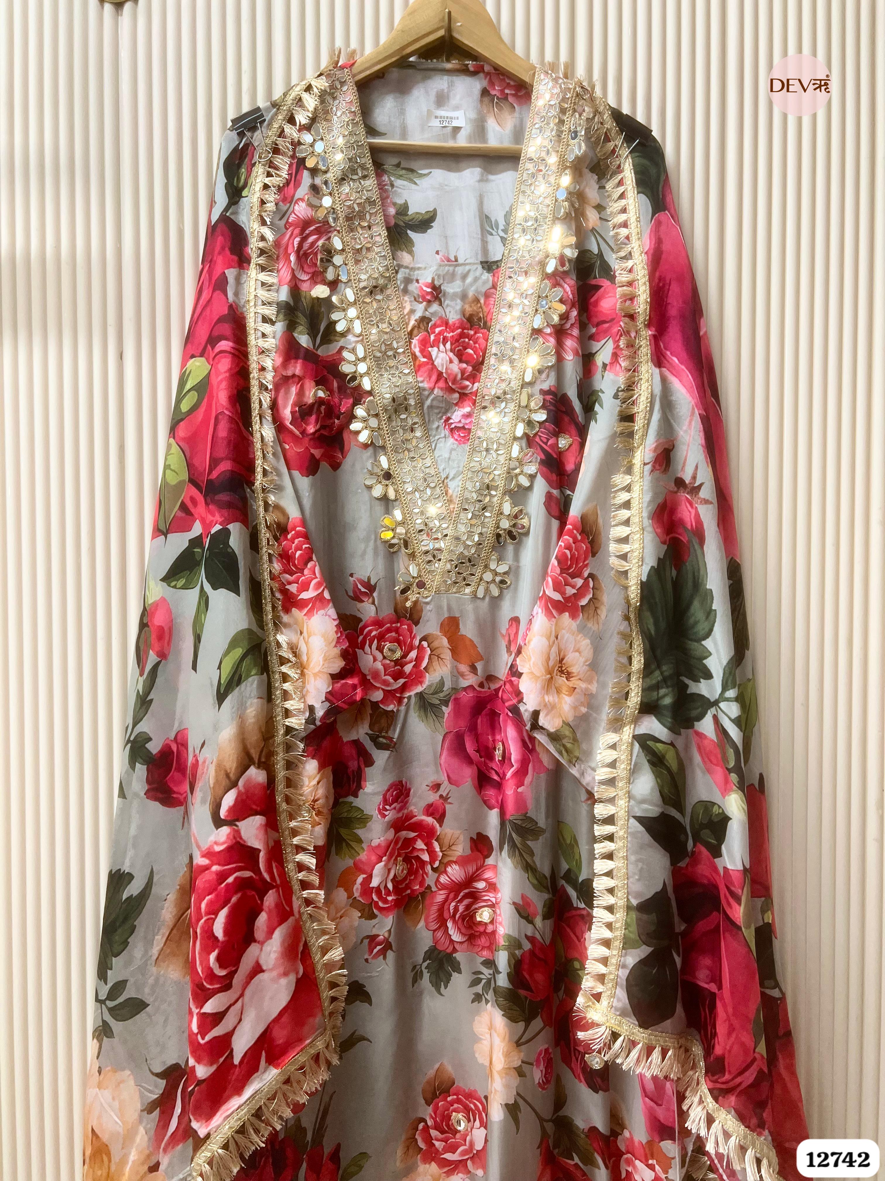 Grey Glass Organza Floral Printed Unstitched 3-Piece Suit (Devri – D.No 12742)