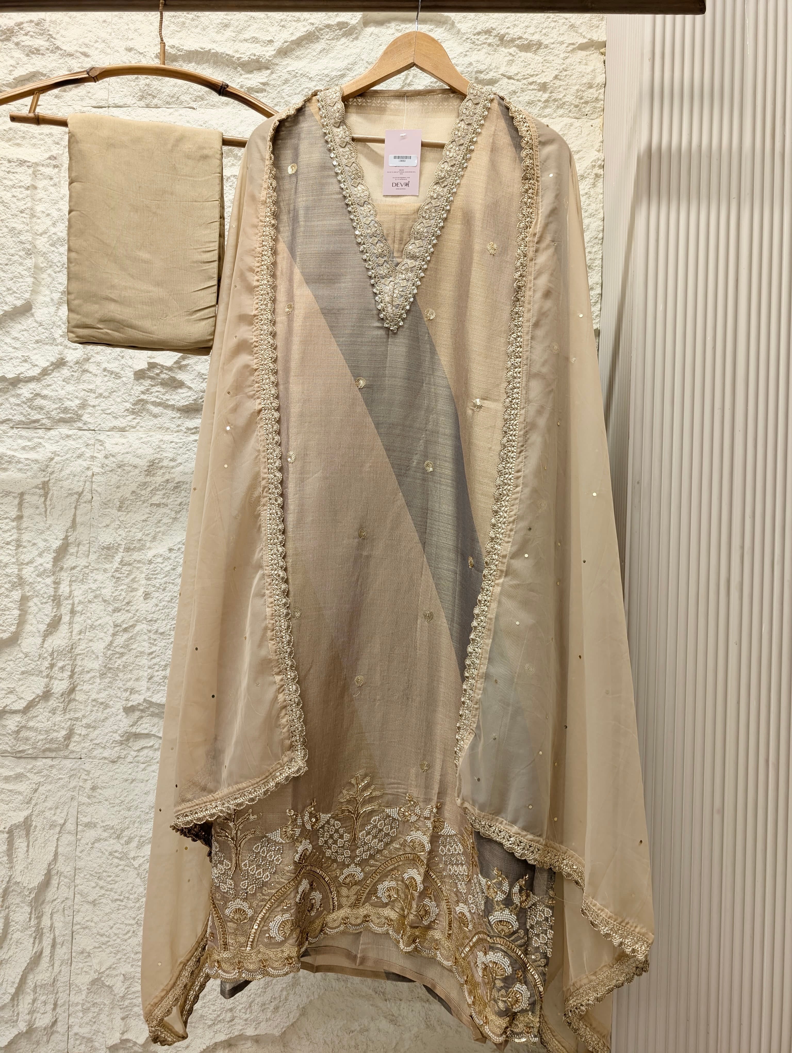 Beige Tissue Silk Embroidered Unstitched 3-Piece Suit (Devri – D.No 13693)