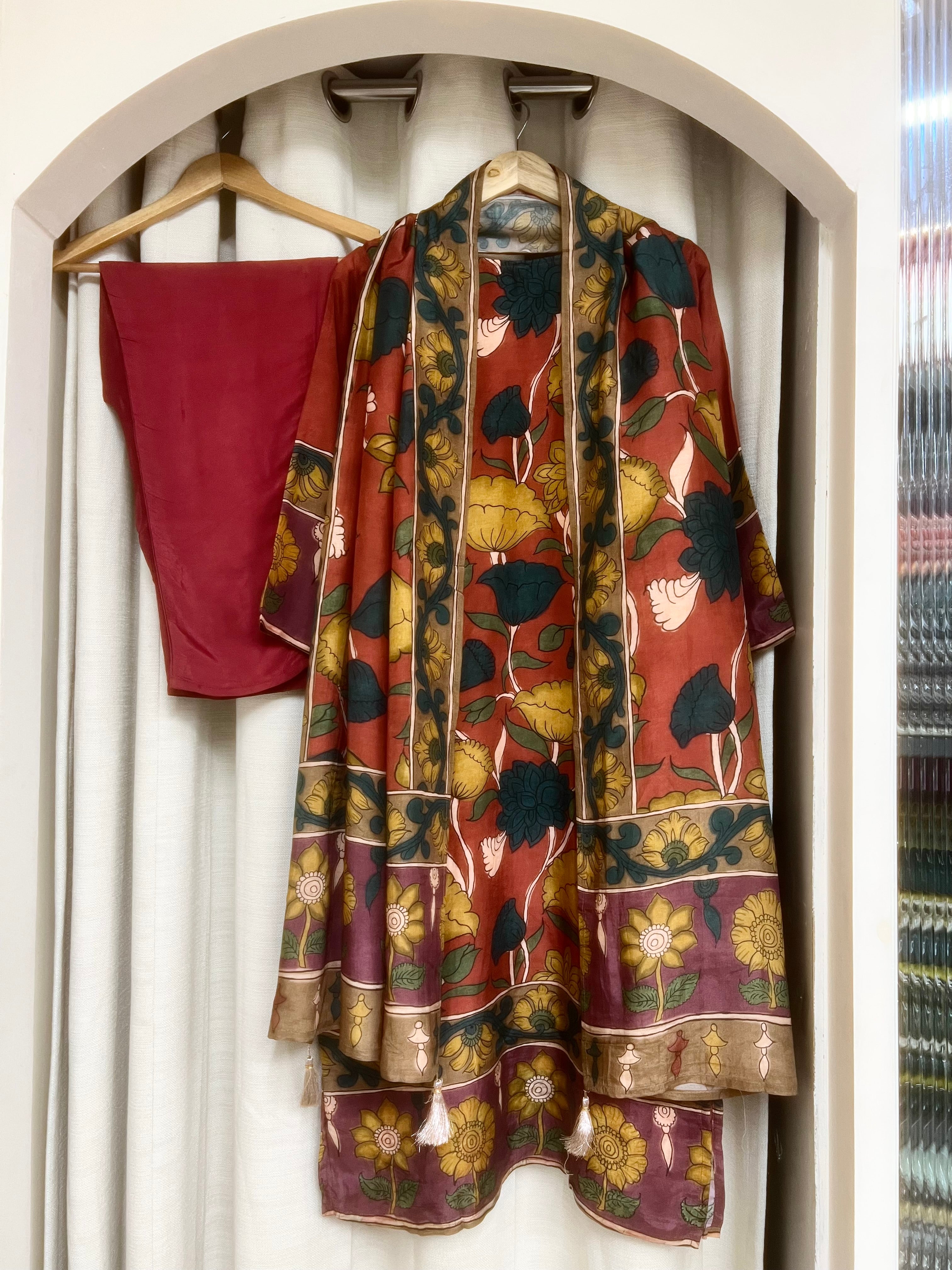 Devanshi Rust Muslin Silk Embroidered 3-Piece Set - {1075}