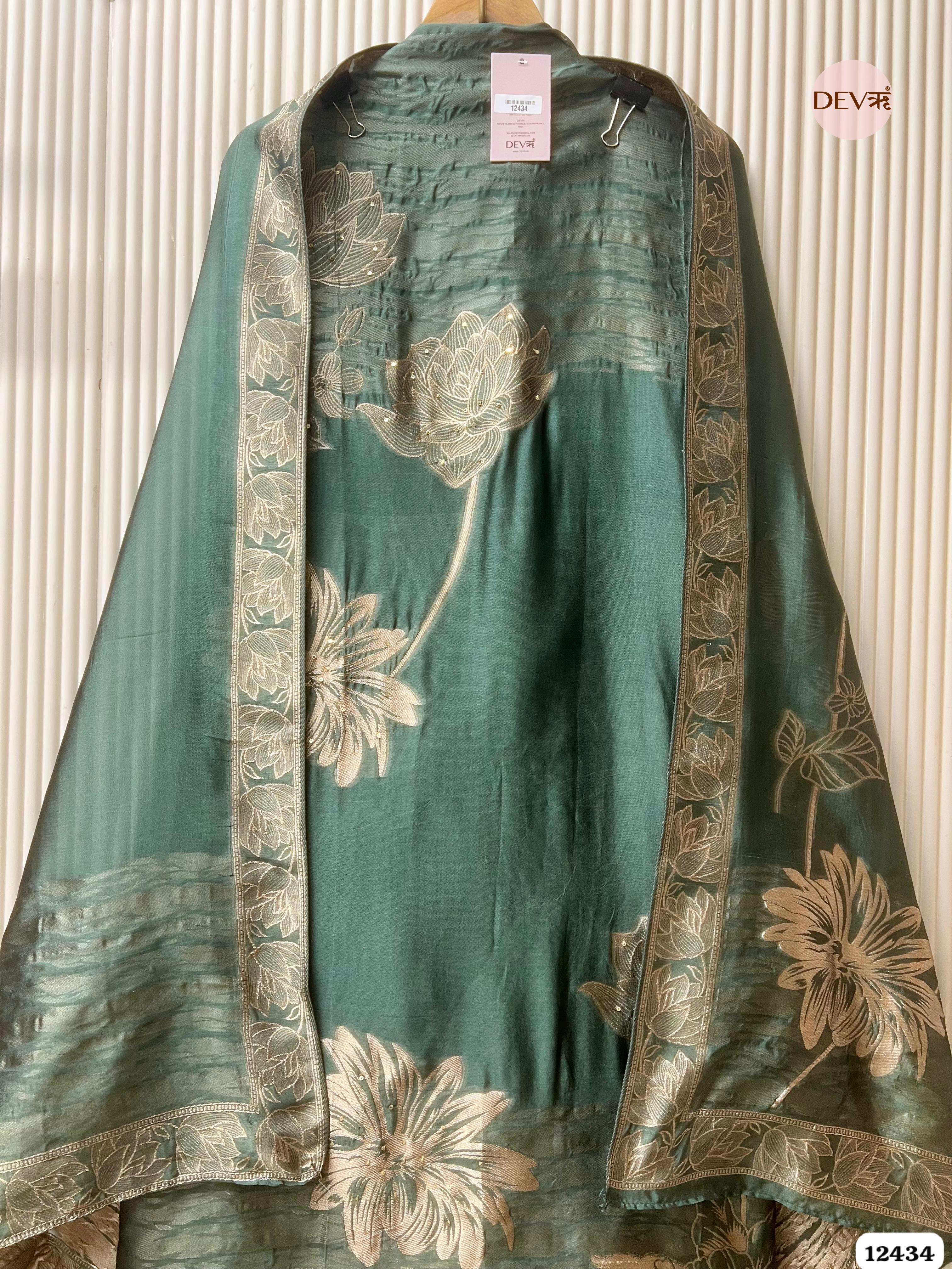 Deep Teal Banarasi Silk Embroidered Unstitched 3-Piece Suit (Devri – D.No. 12434 )
