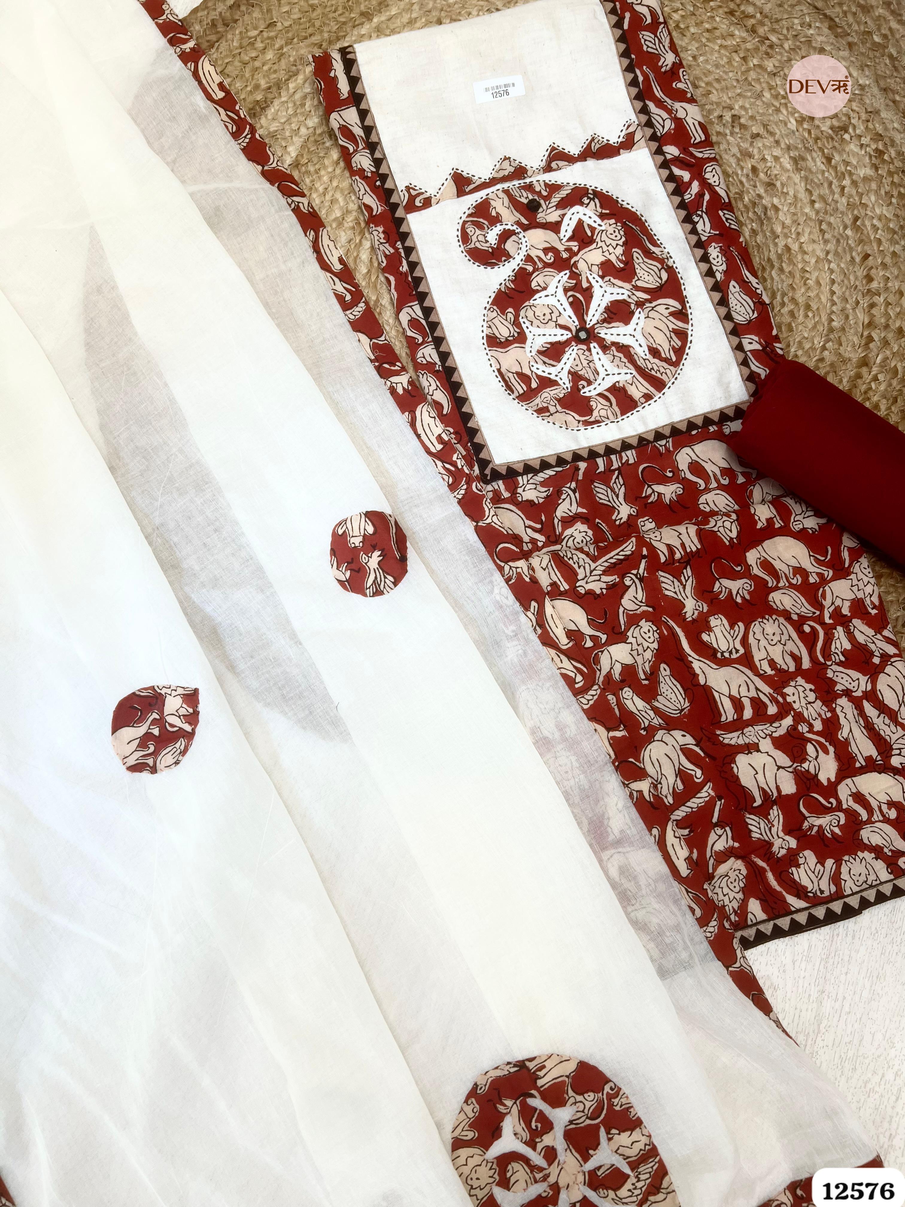 Maroon Cotton Animal Print Unstitched 3-Piece Suit (Devri – D.No 12576)