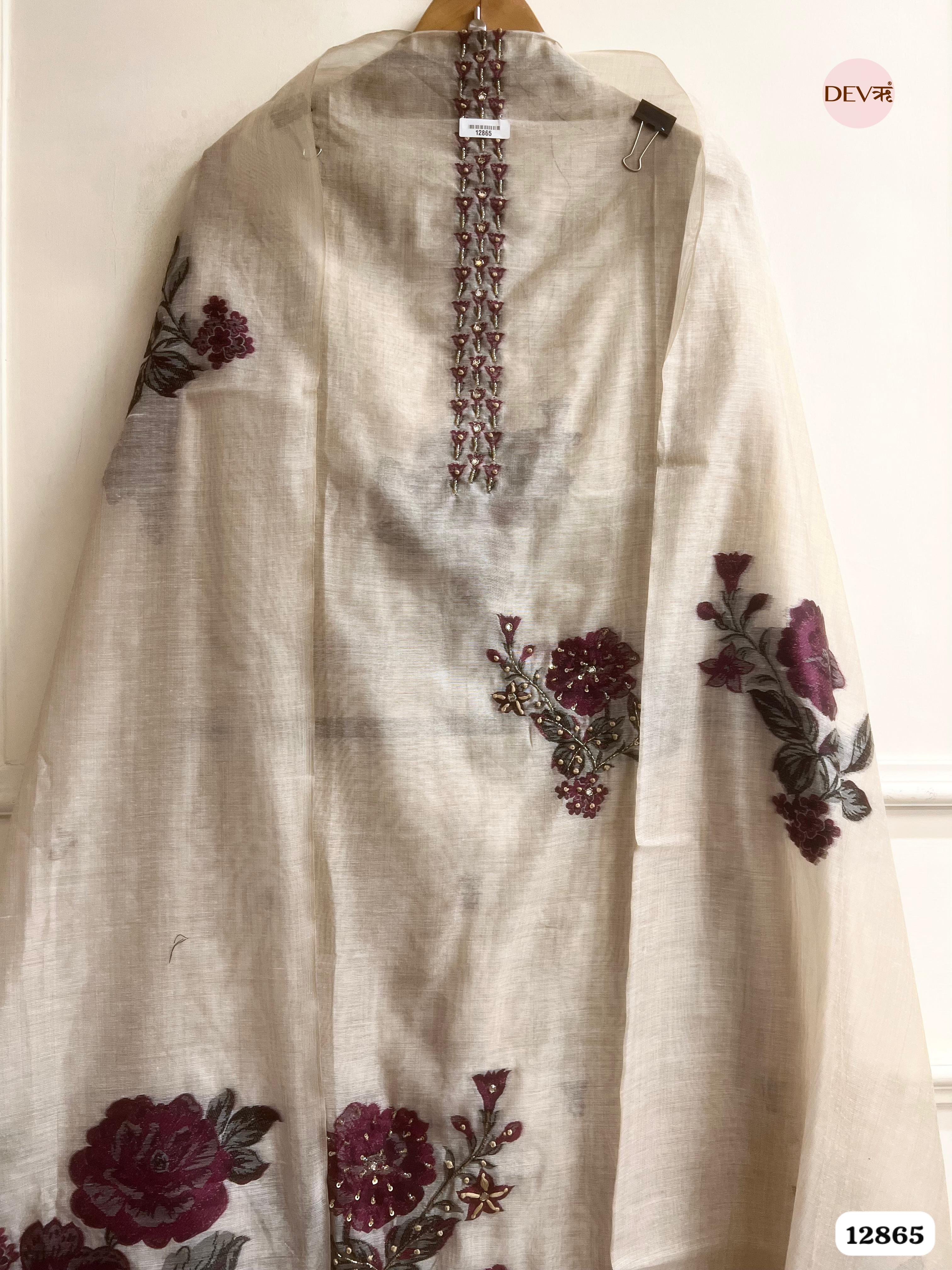 Ivory Mul Chanderi Embroidered Unstitched 3-Piece Suit (Devri – D.No 12865)