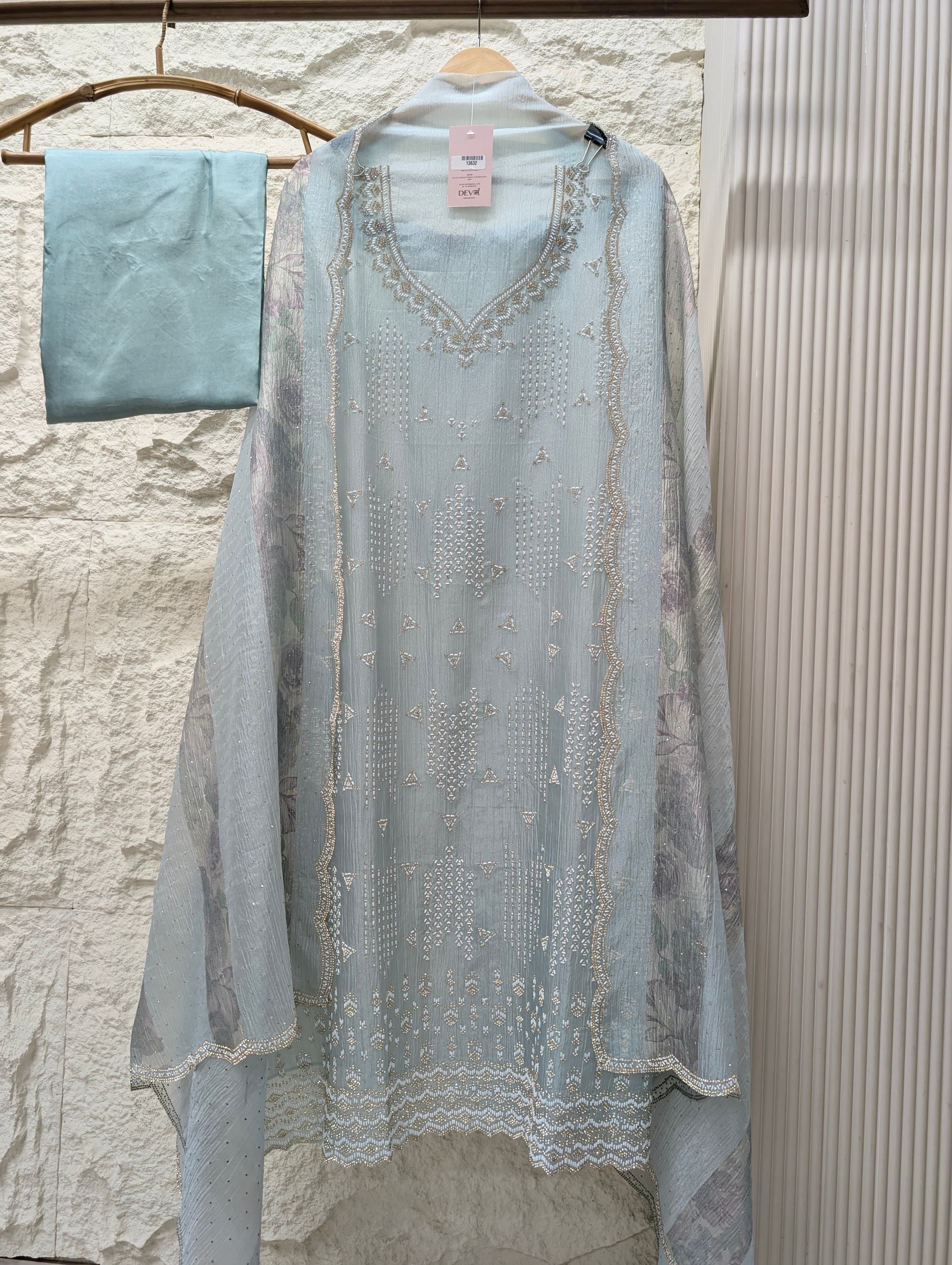 Blue Tissue Crush Silk Embroidered Unstitched 3-Piece Suit (Devri – D.No 13632)