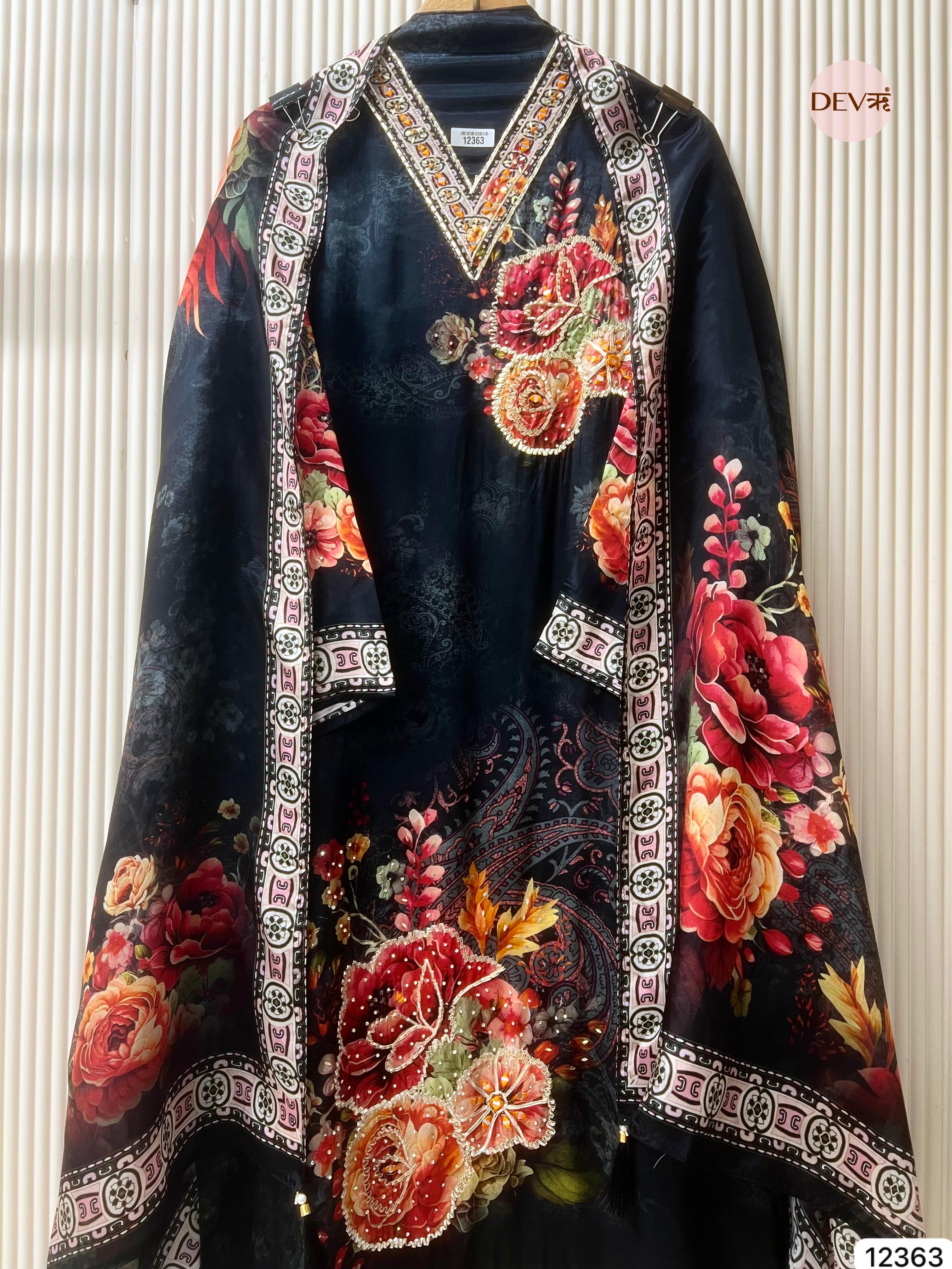 Midnight Blue Organza Silk Printed Unstitched 3-Piece Suit (Devri – D.No 12363)