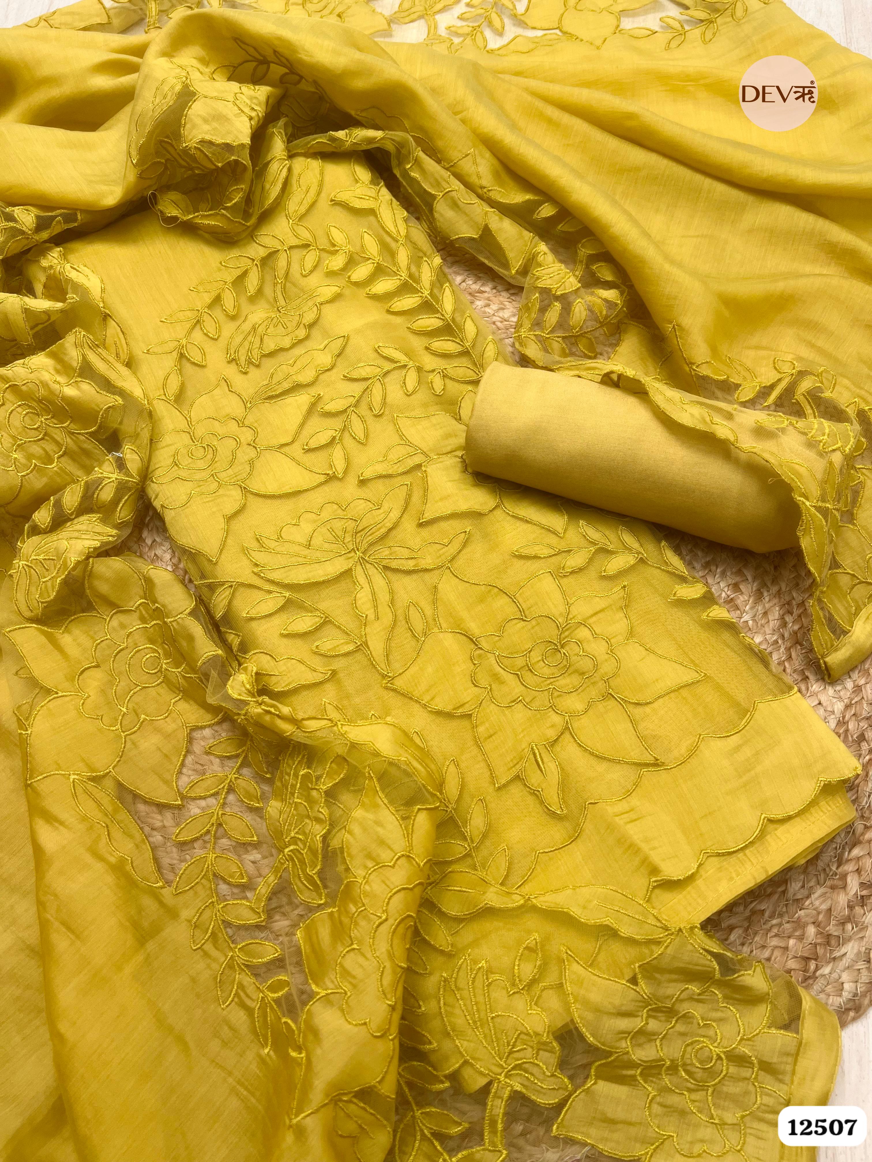 Mustard Modal Silk Embroidered Unstitched 3-Piece Suit (Devri – D.No . 12507)