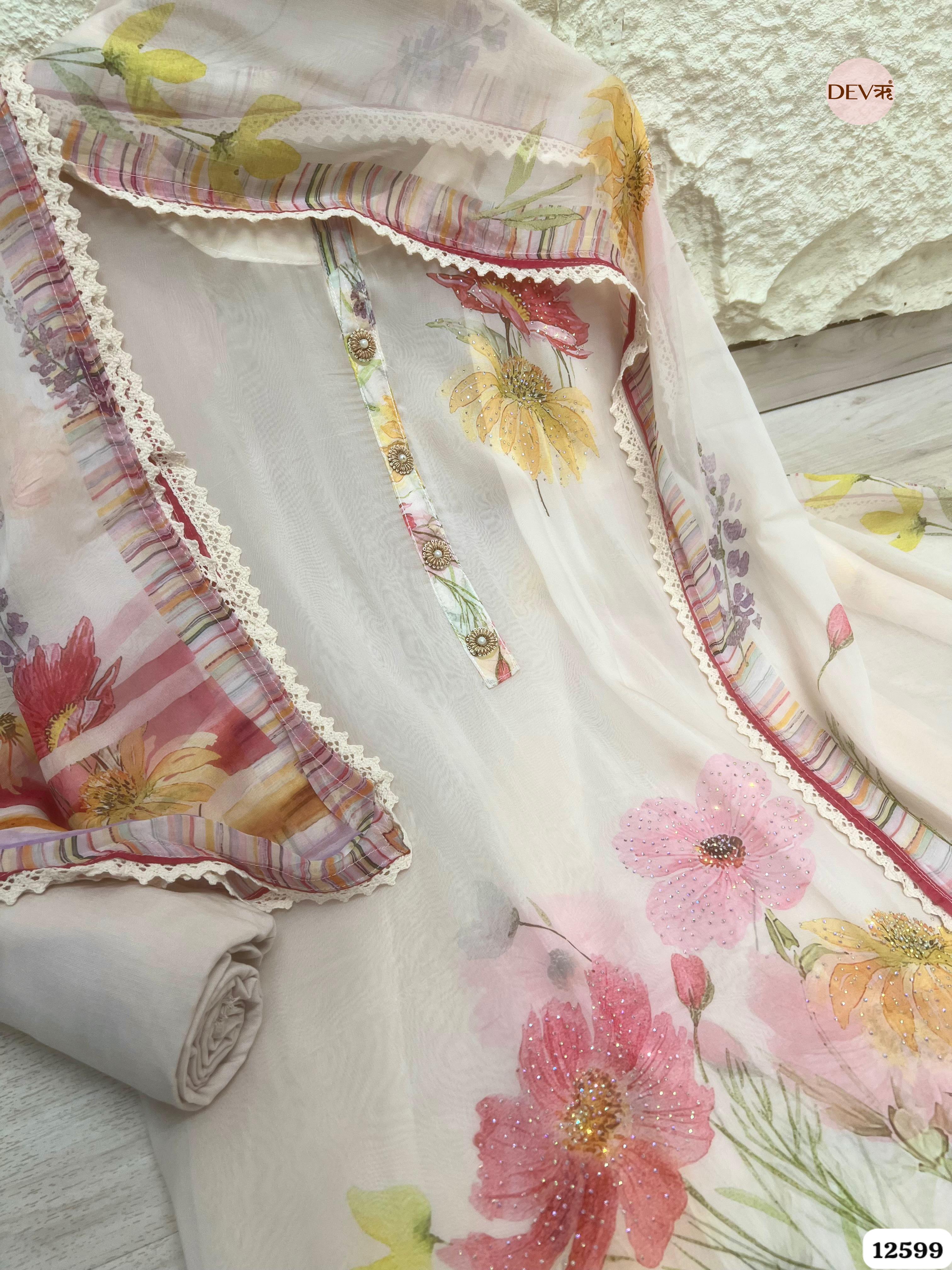 Ivory Organza Floral Printed Unstitched 3-Piece Suit (Devri – D.No 12599)