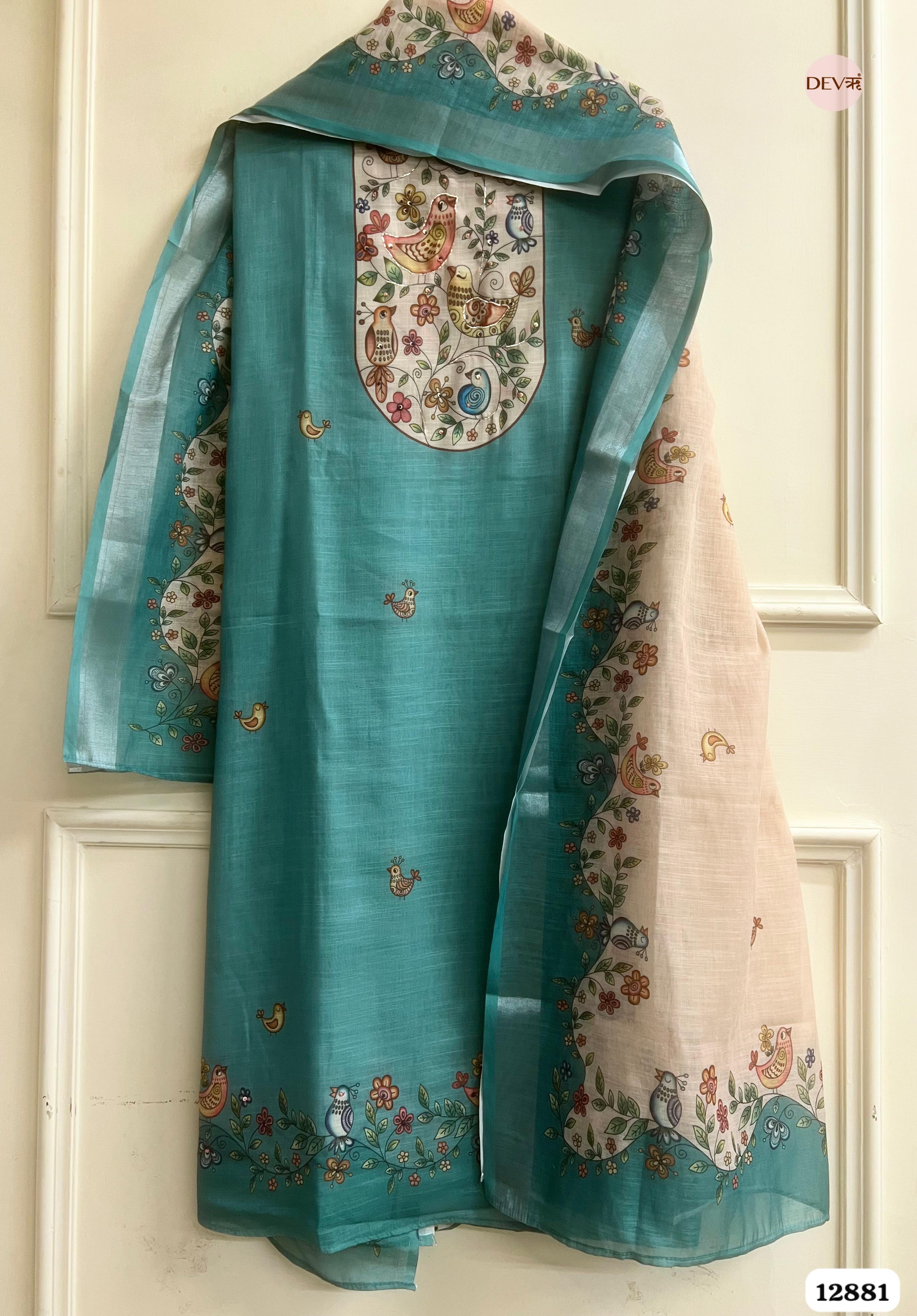 Teal Blue Linen Cotton Printed Unstitched 3-Piece Suit (Devri – D.No 12881)
