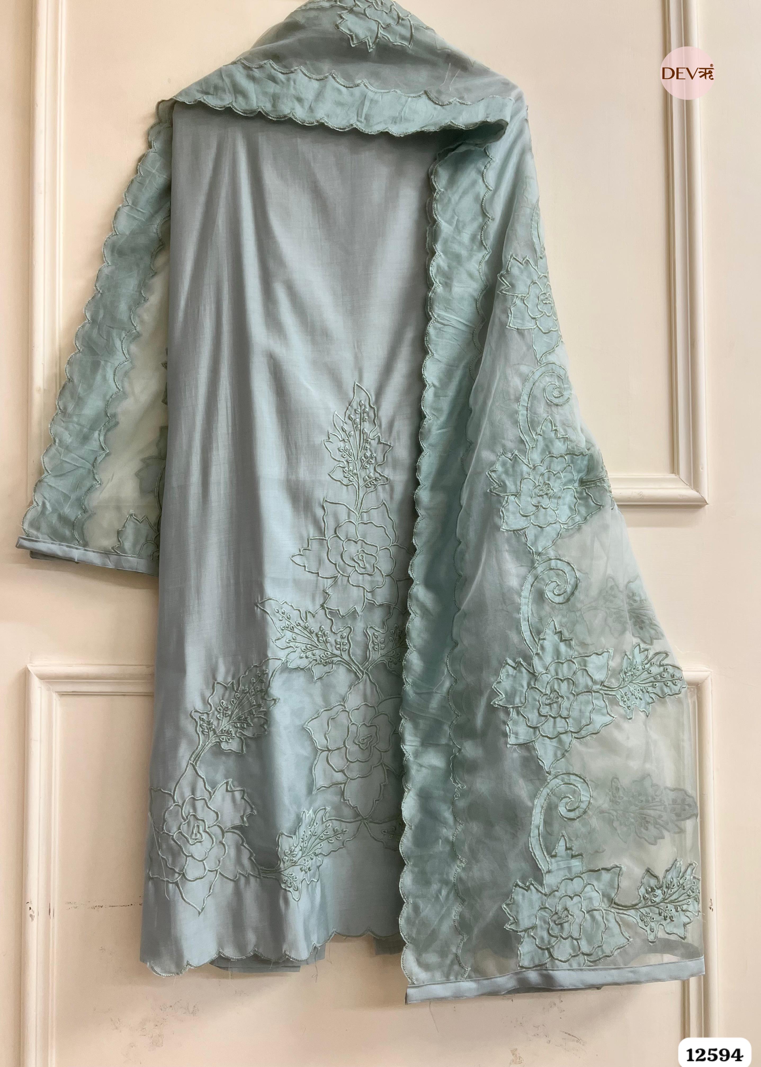 Sea Green Modal Silk Embroidered Unstitched 3-Piece Suit (Devri – D.No 12594)