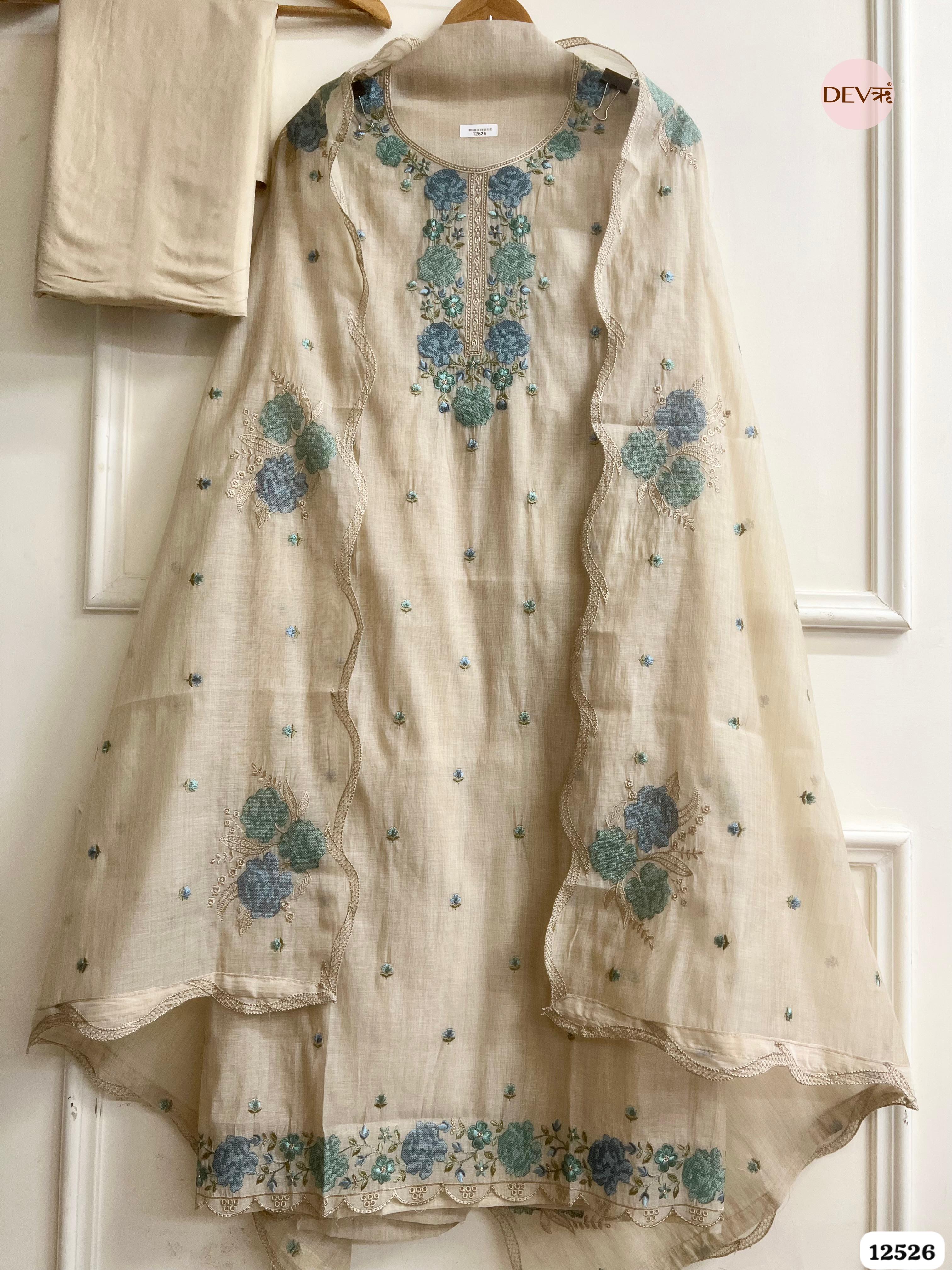 baige Mul Chanderi Embroidered Unstitched 3-Piece Suit (Devri – D.No. 12526)