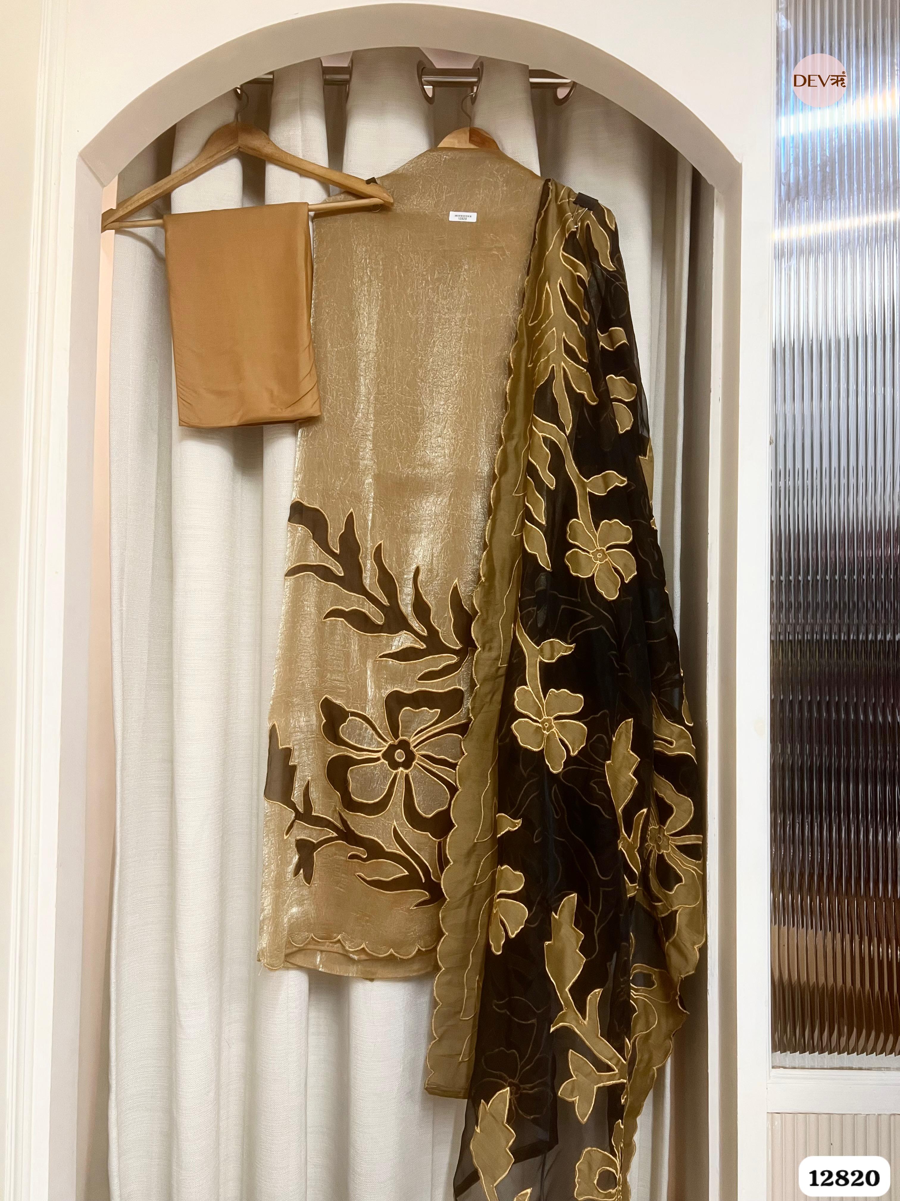 Beige Crush Tissue Silk Embroidered Unstitched 3-Piece Suit (Devri – D.No 12820)