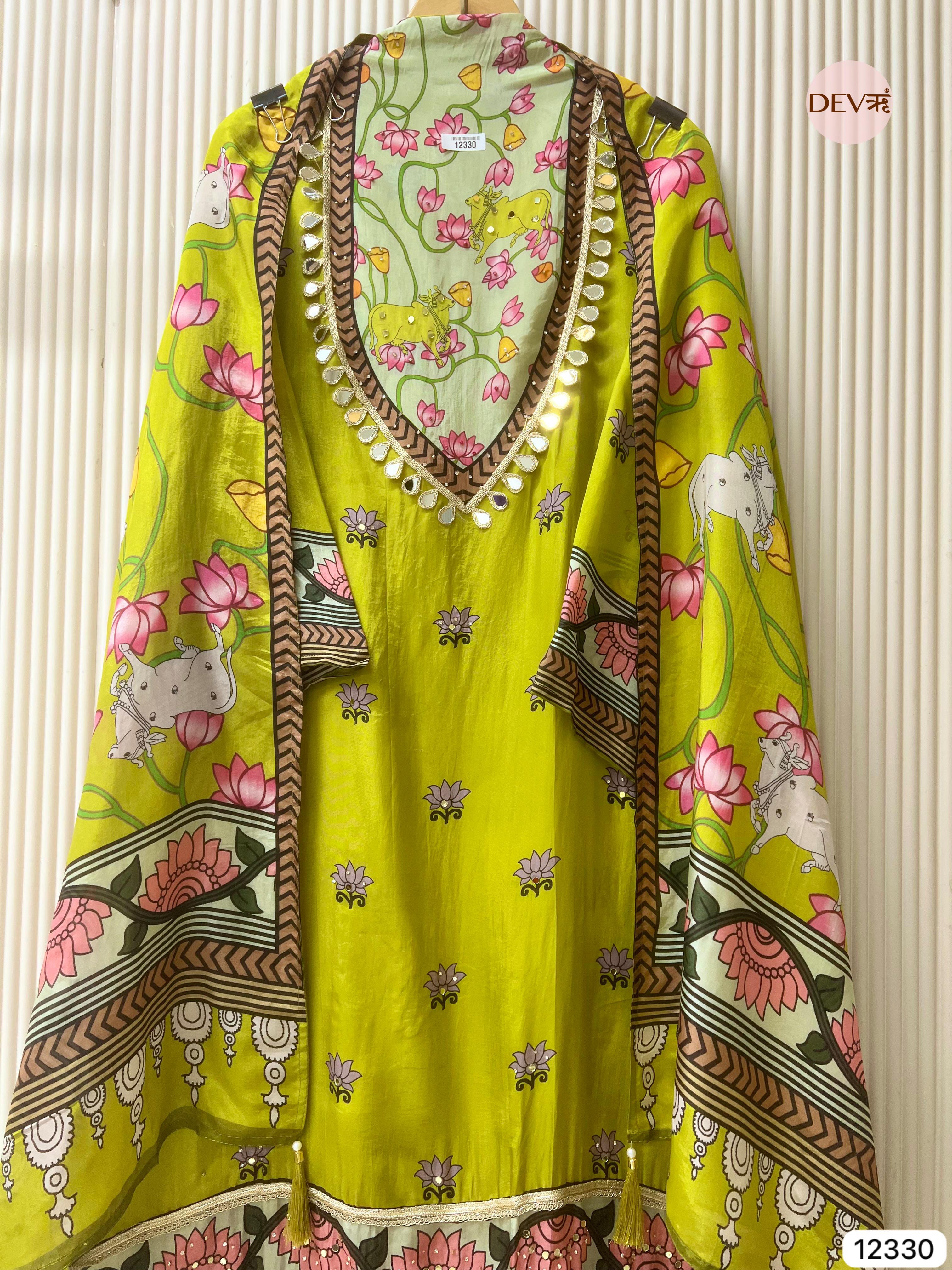 Lime Green Organza Silk Printed Unstitched 3-Piece Suit (Devri – D.No 12330)