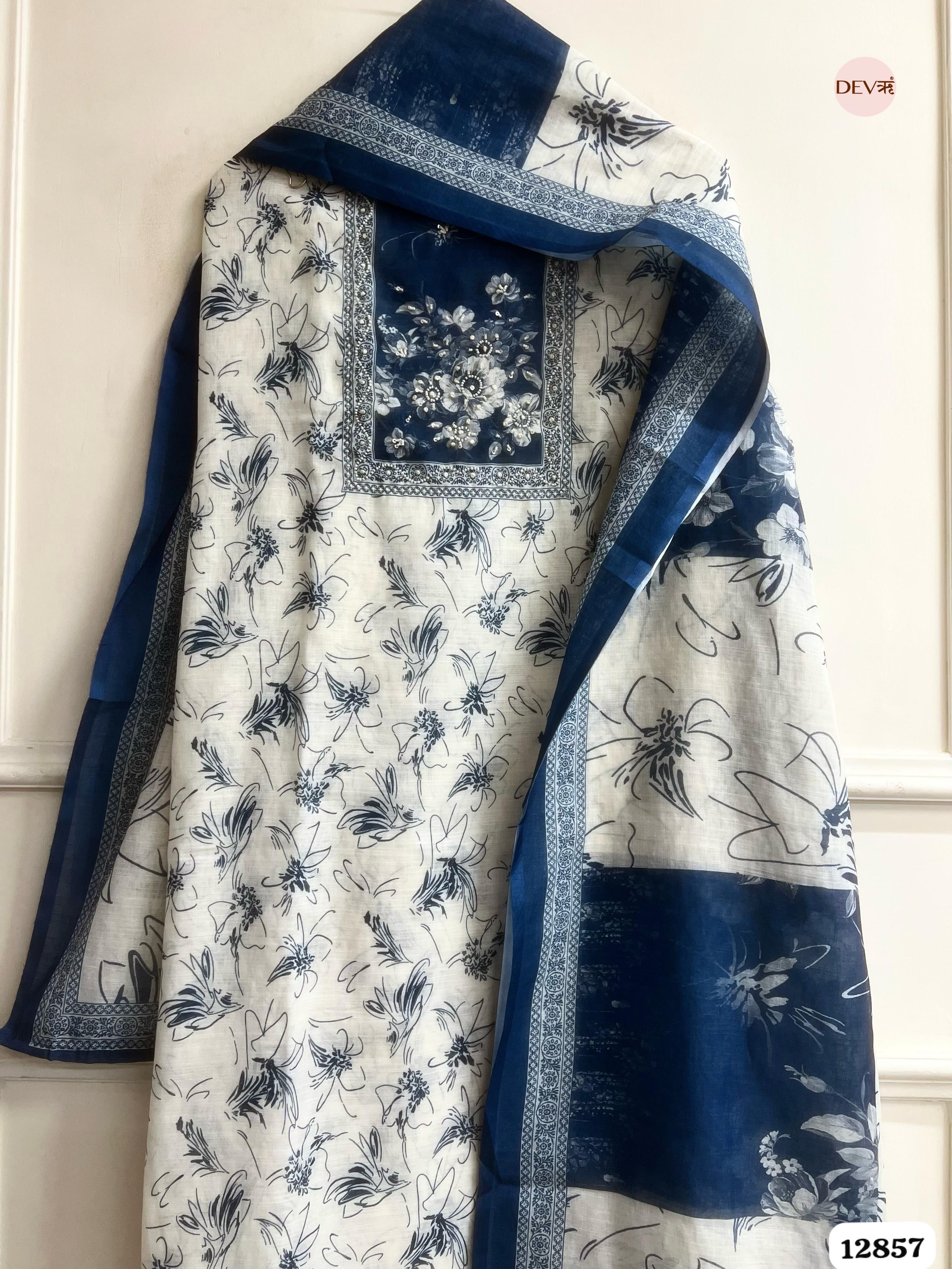 Navy Linen Cotton Printed Unstitched 3-Piece Suit (Devri – D.No 12857)
