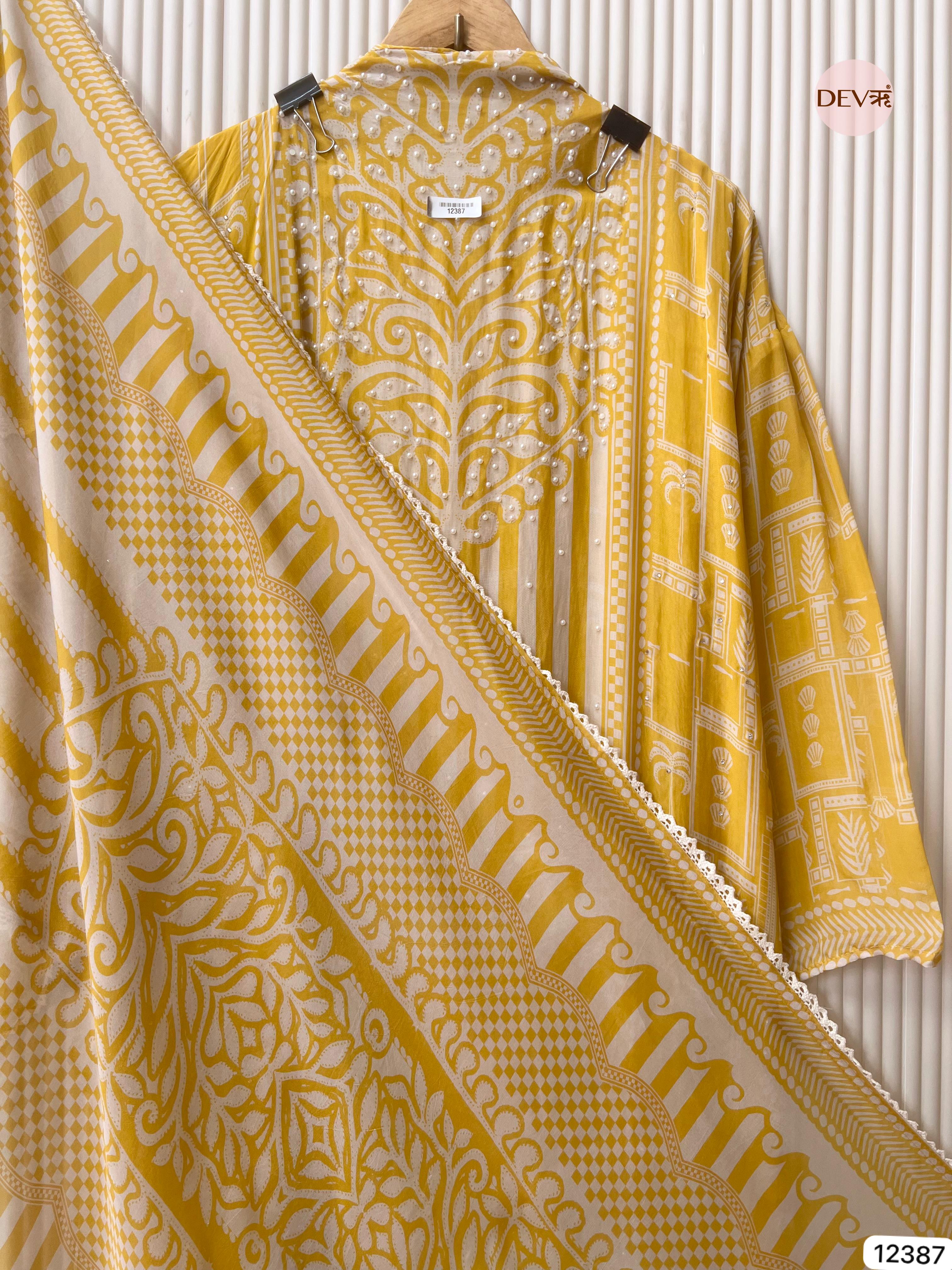 Pastel Yellow Organza Embroidered Unstitched 3-Piece Suit (Devri – D.No 12387)