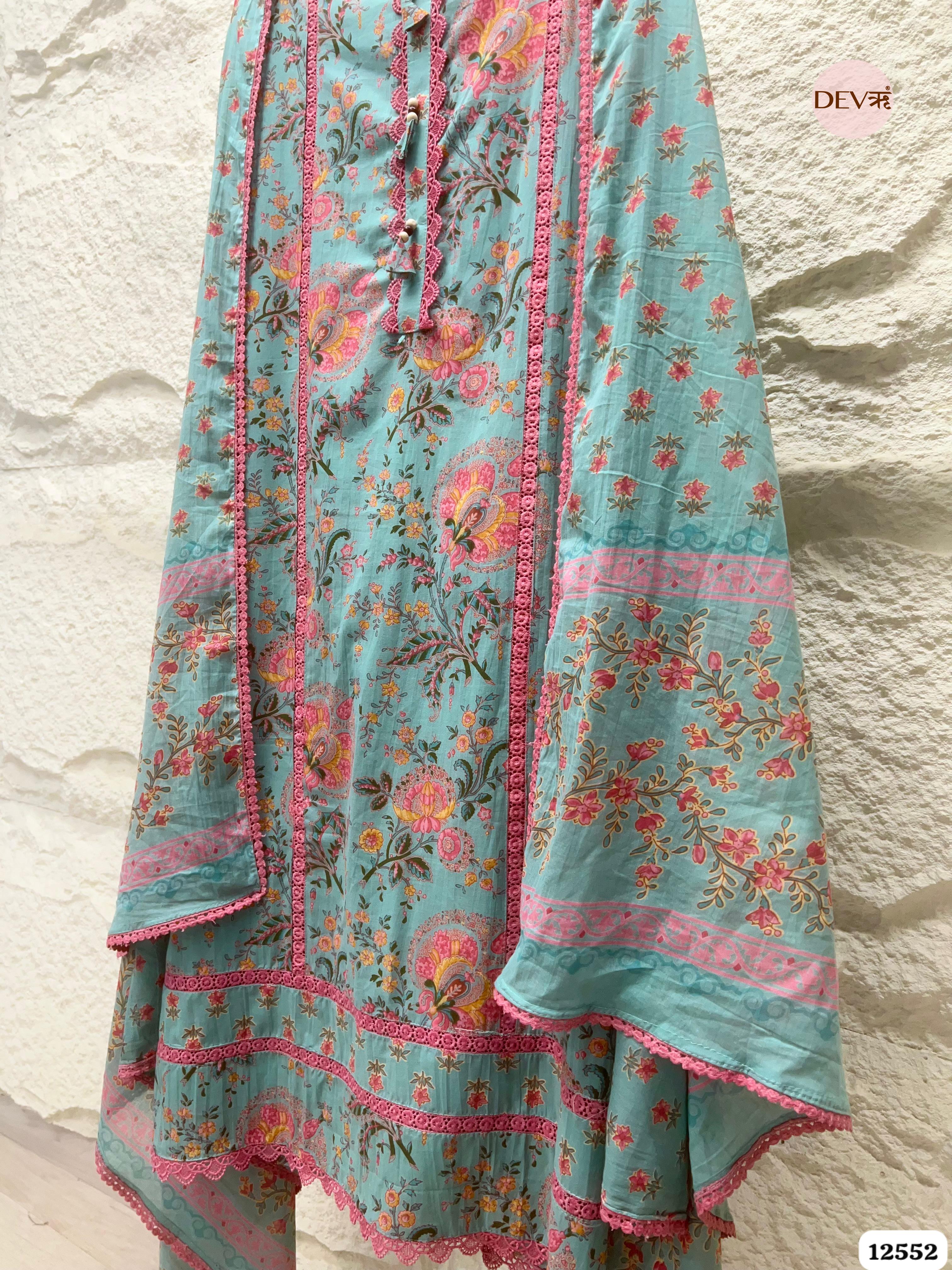 Aqua Blue Pure Cotton Floral Printed Unstitched 3-Piece Suit (Devri – D.No 12552)