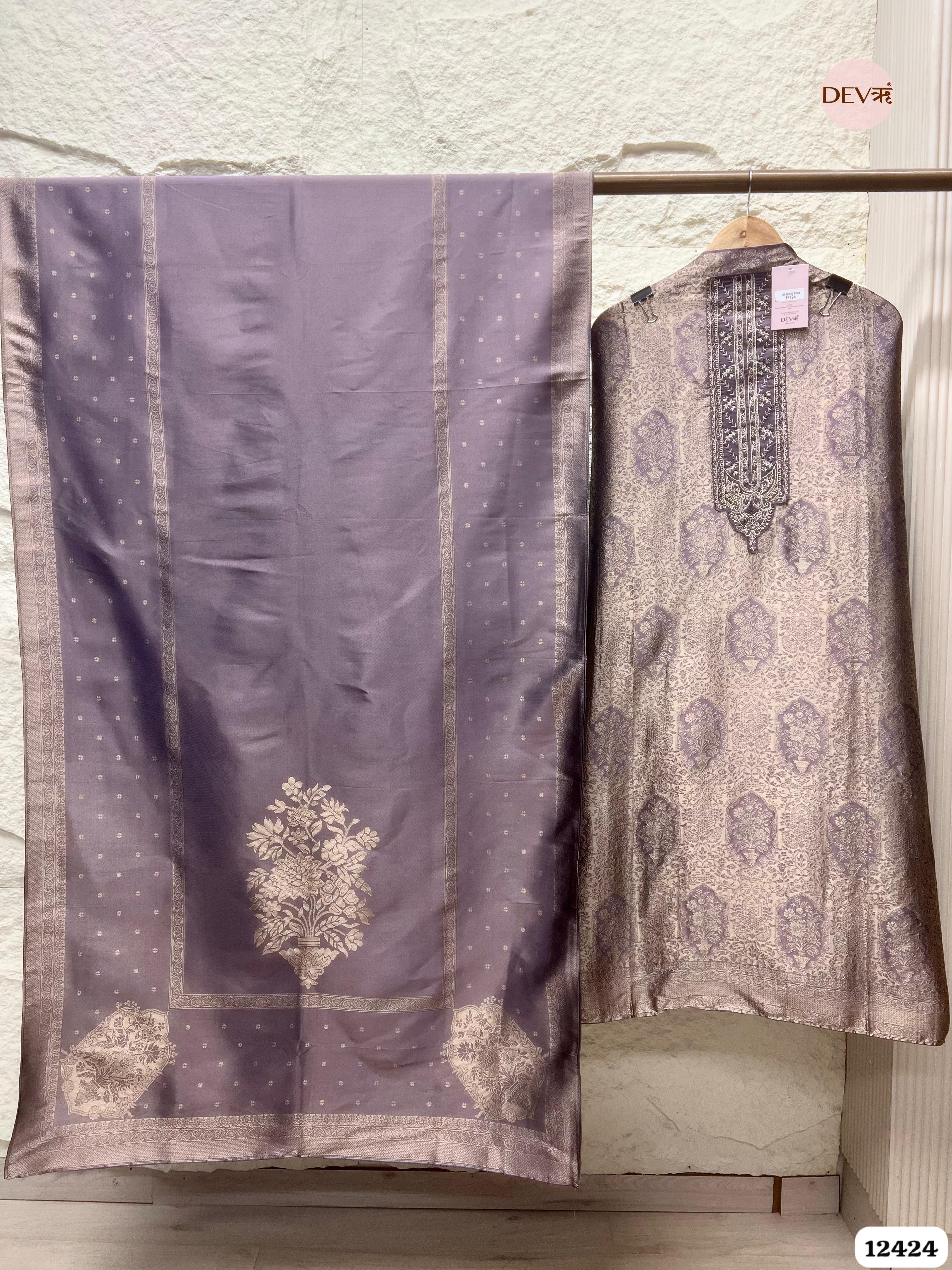 Dusty Mauve Banarasi Silk Printed Unstitched 3-Piece Suit (Devri – D.No. 12424)