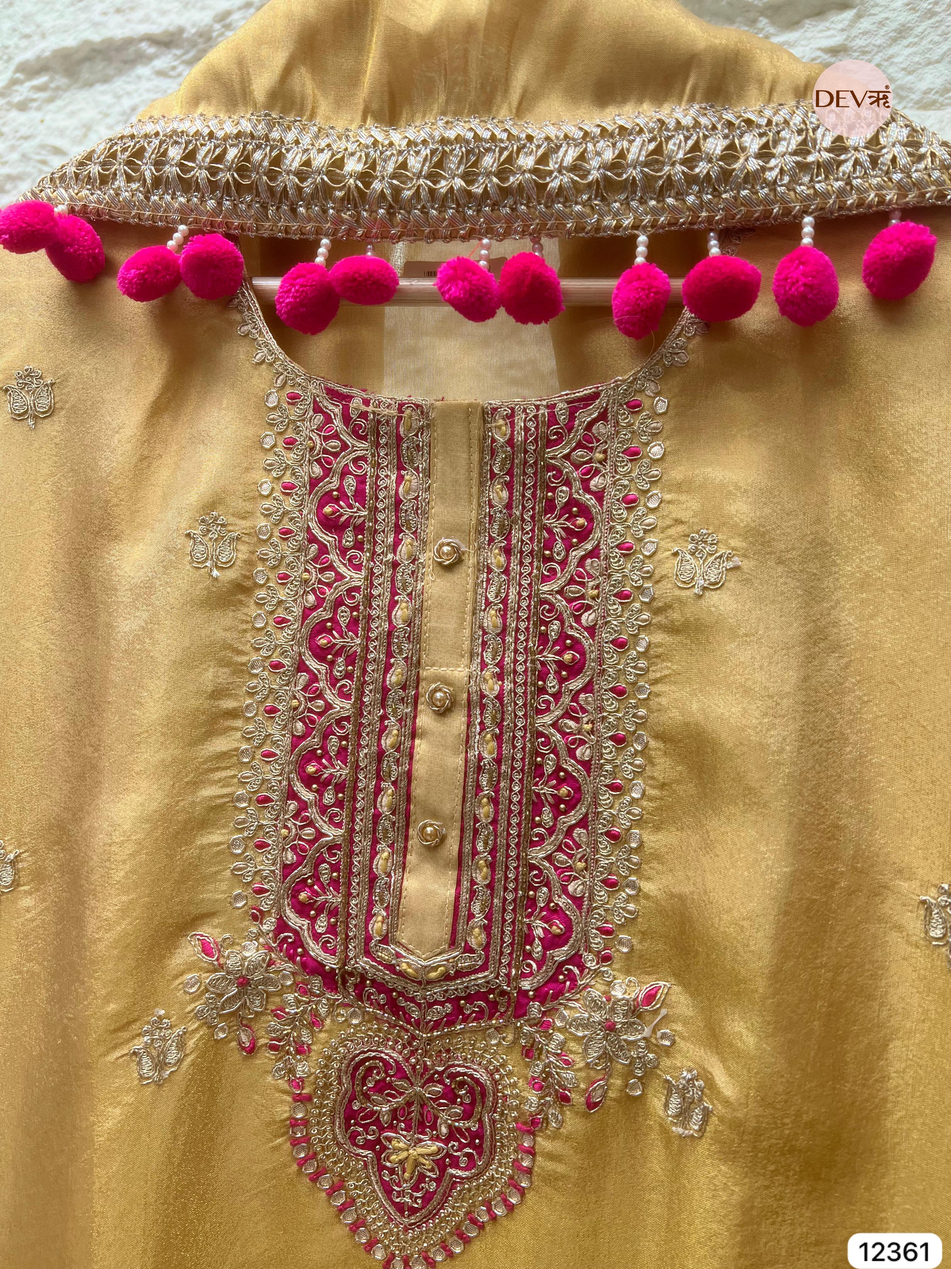 Mustard Shimmer Silk Hand Embroidered Unstitched 3-Piece Suit (Devri – D.No 12361)