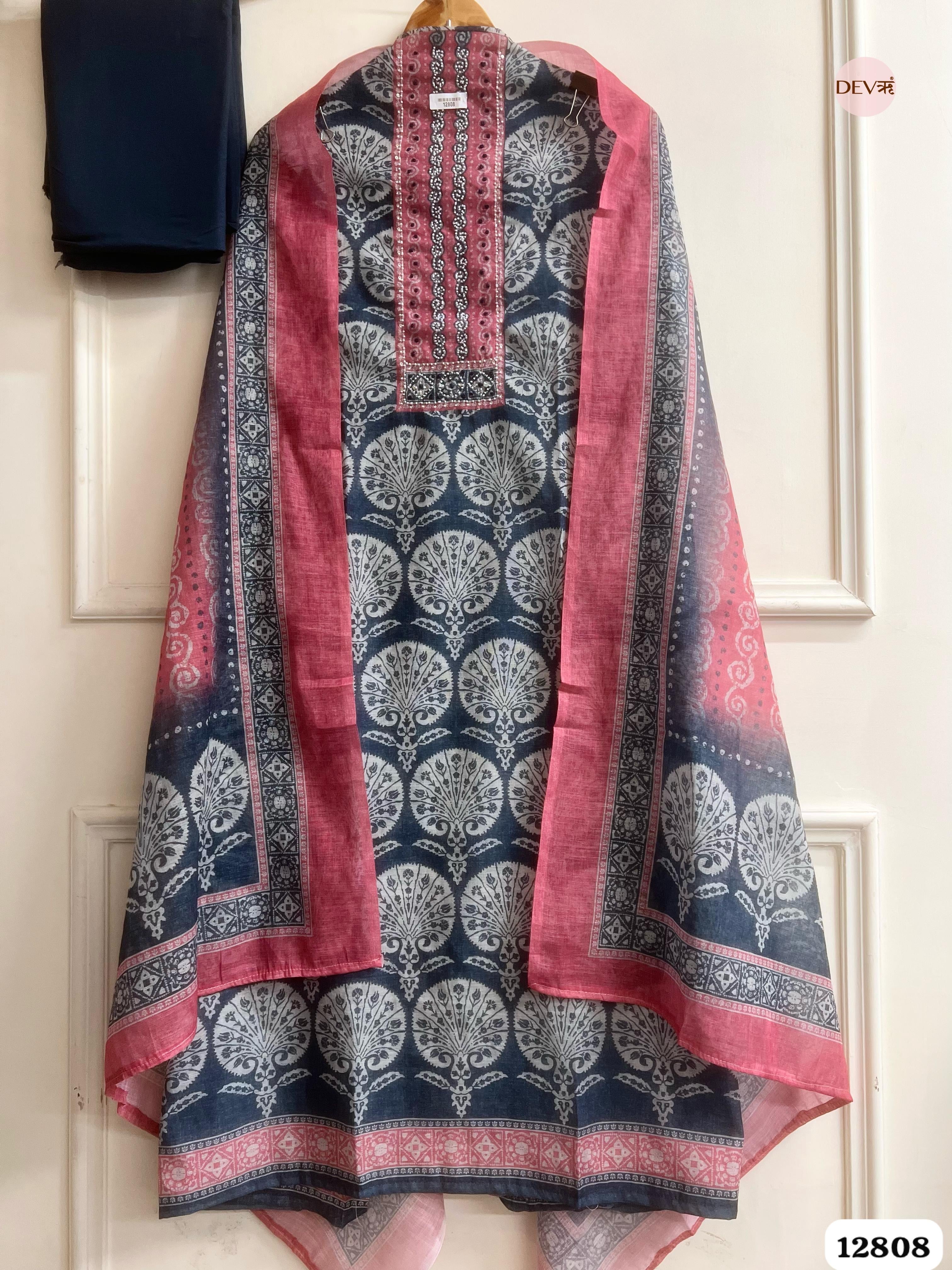Grey Linen Cotton Printed Unstitched 3-Piece Suit (Devri – D.No 12808)