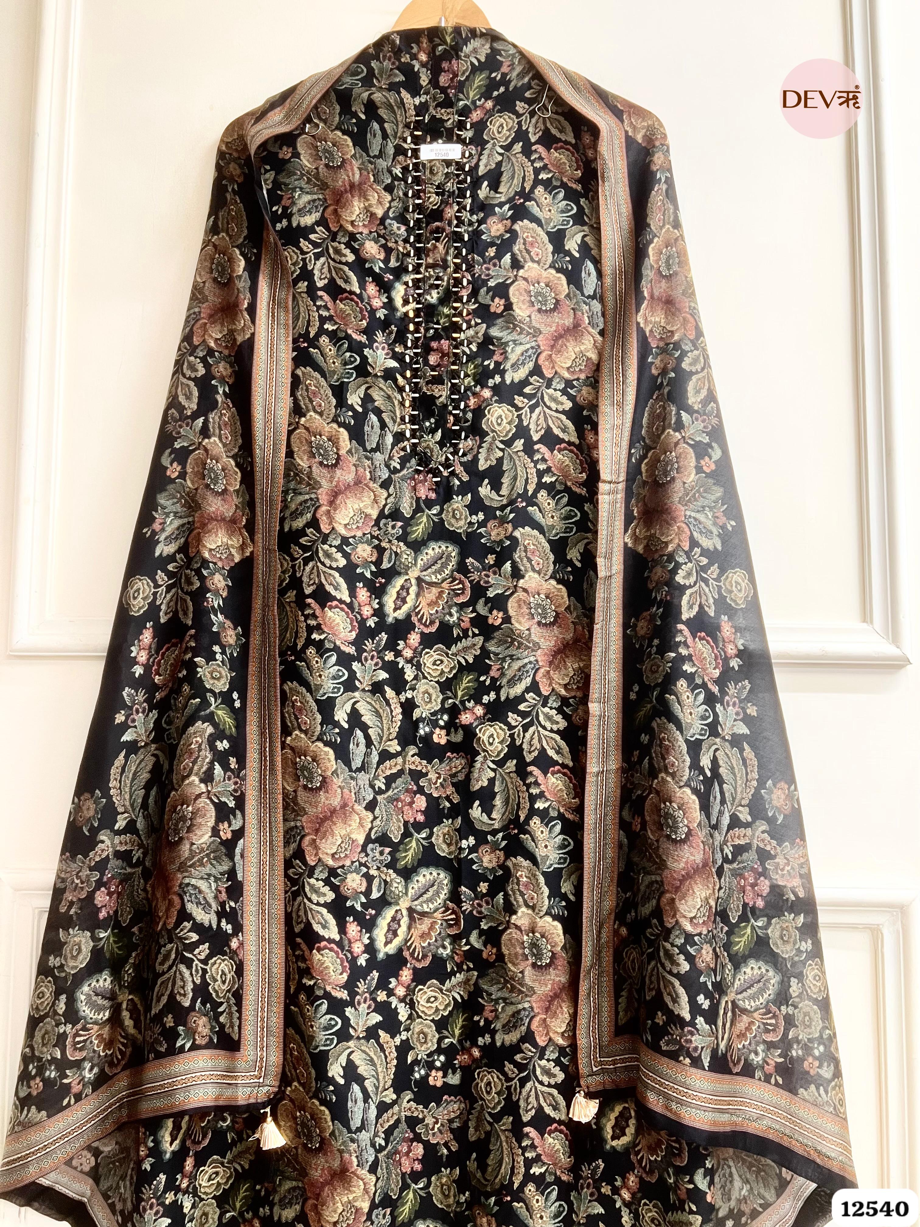 Black Muslin Printed Unstitched 3-Piece Suit (Devri – D.No. 12540)