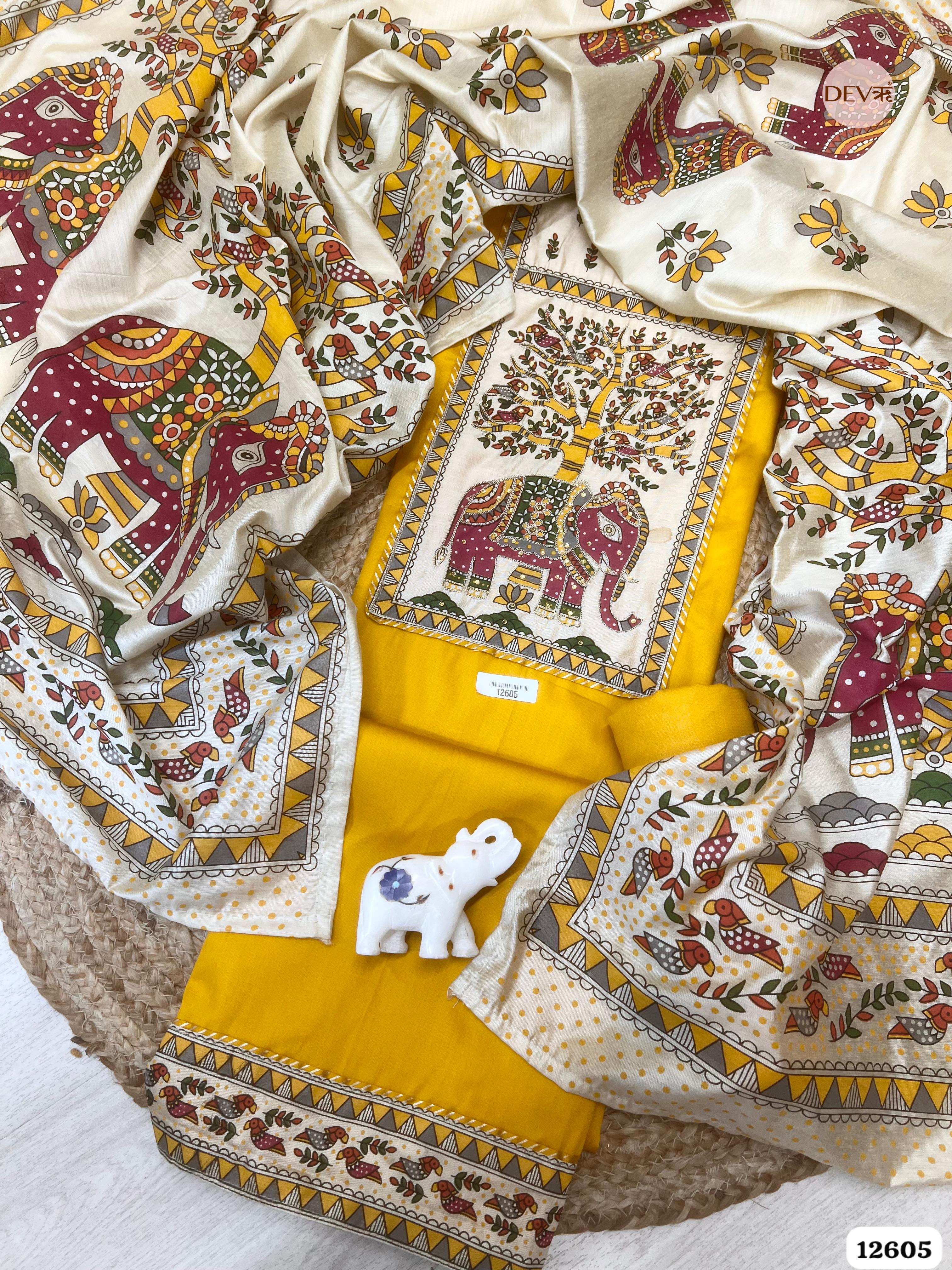 Mustard Yellow Cotton Embroidered Unstitched 3-Piece Suit (Devri – D.No. 12605)