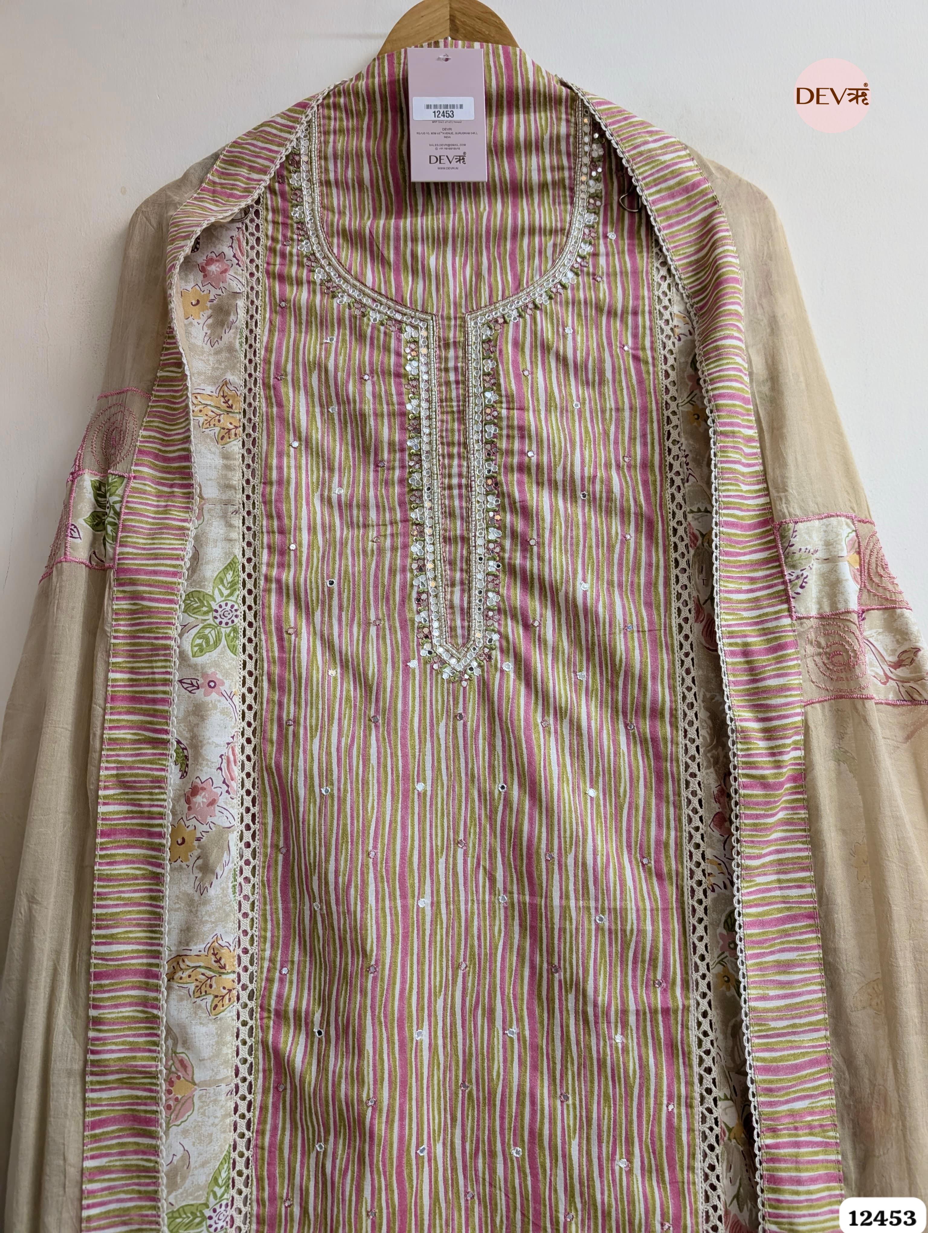 Beige and Pink Cotton Embroidered Unstitched 3-Piece Suit (Devri – D.No .12453)