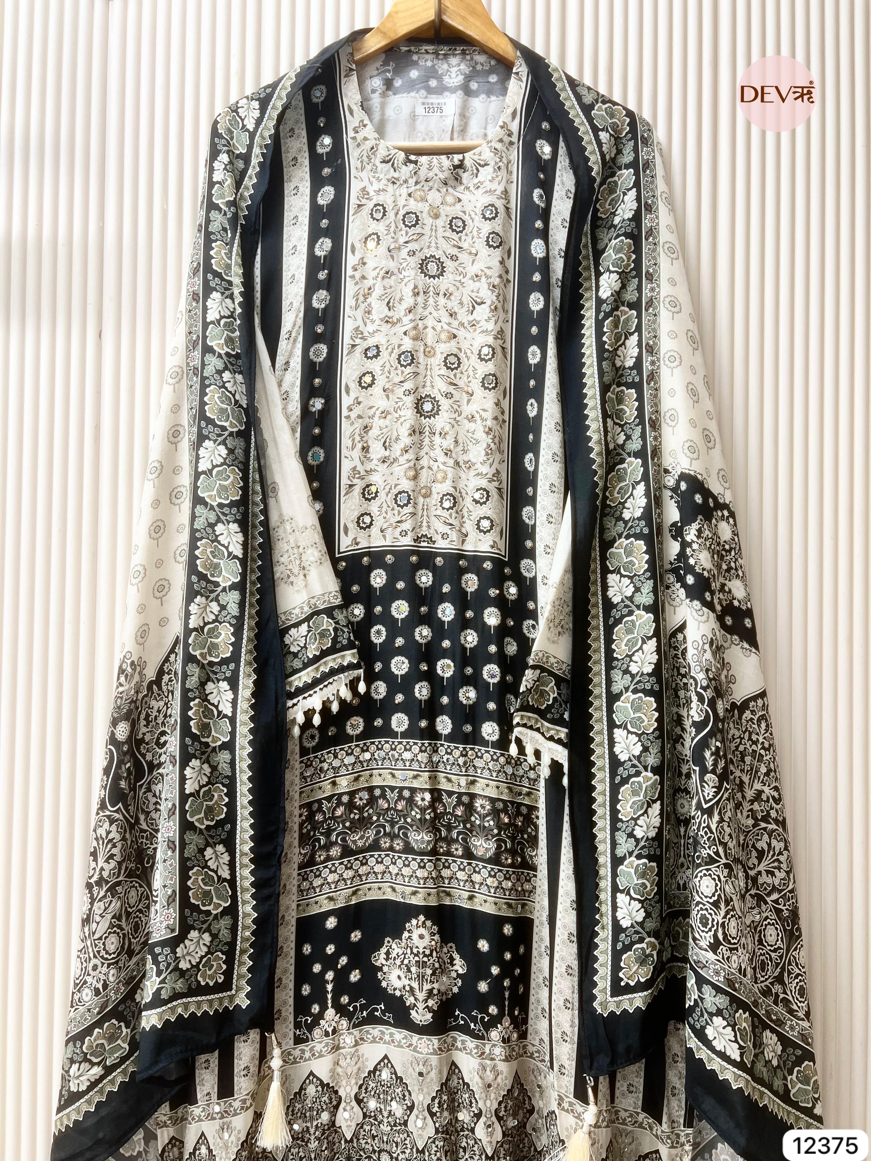 Black Muslin Printed Unstitched 3-Piece Suit (Devri – D.No 12375)
