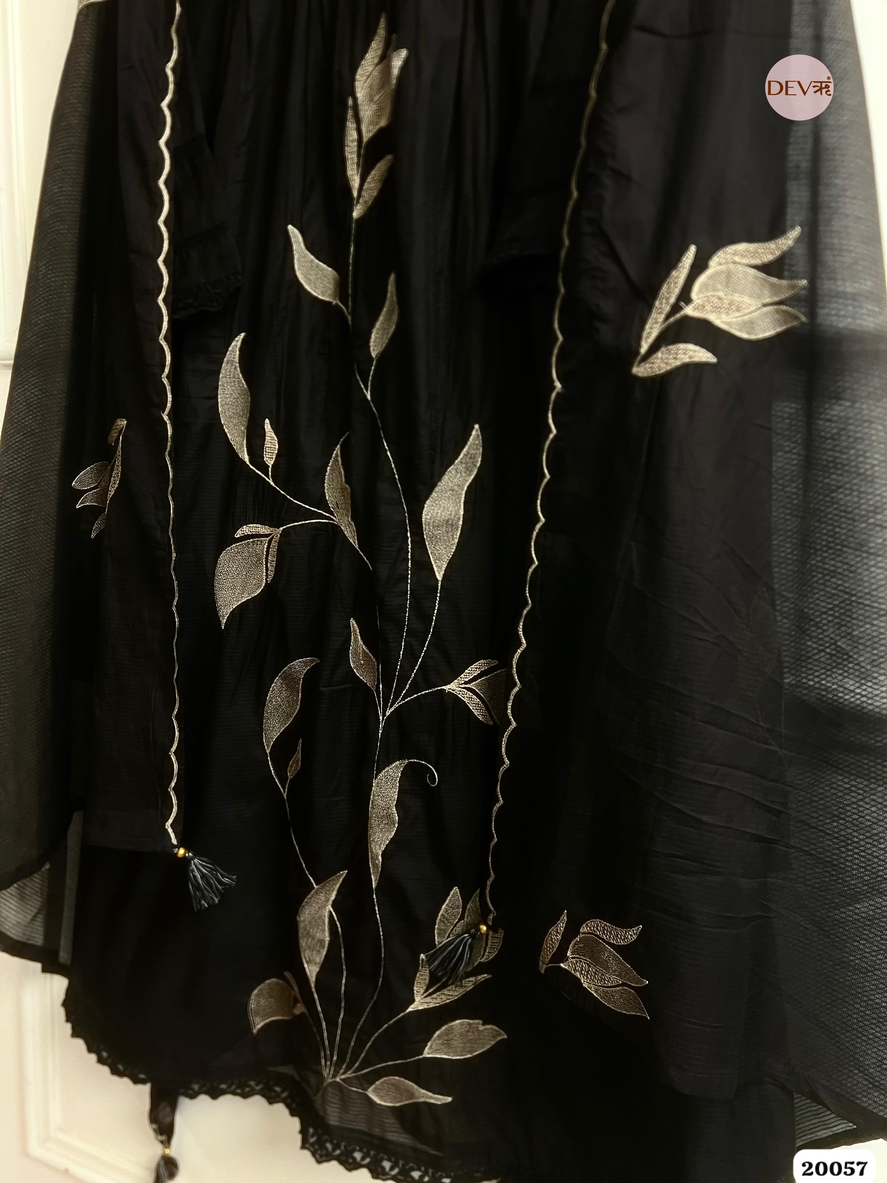 Nirvaya Mul Cotton Embroidered Black 3-Piece Set (Devri – D.No 20057)