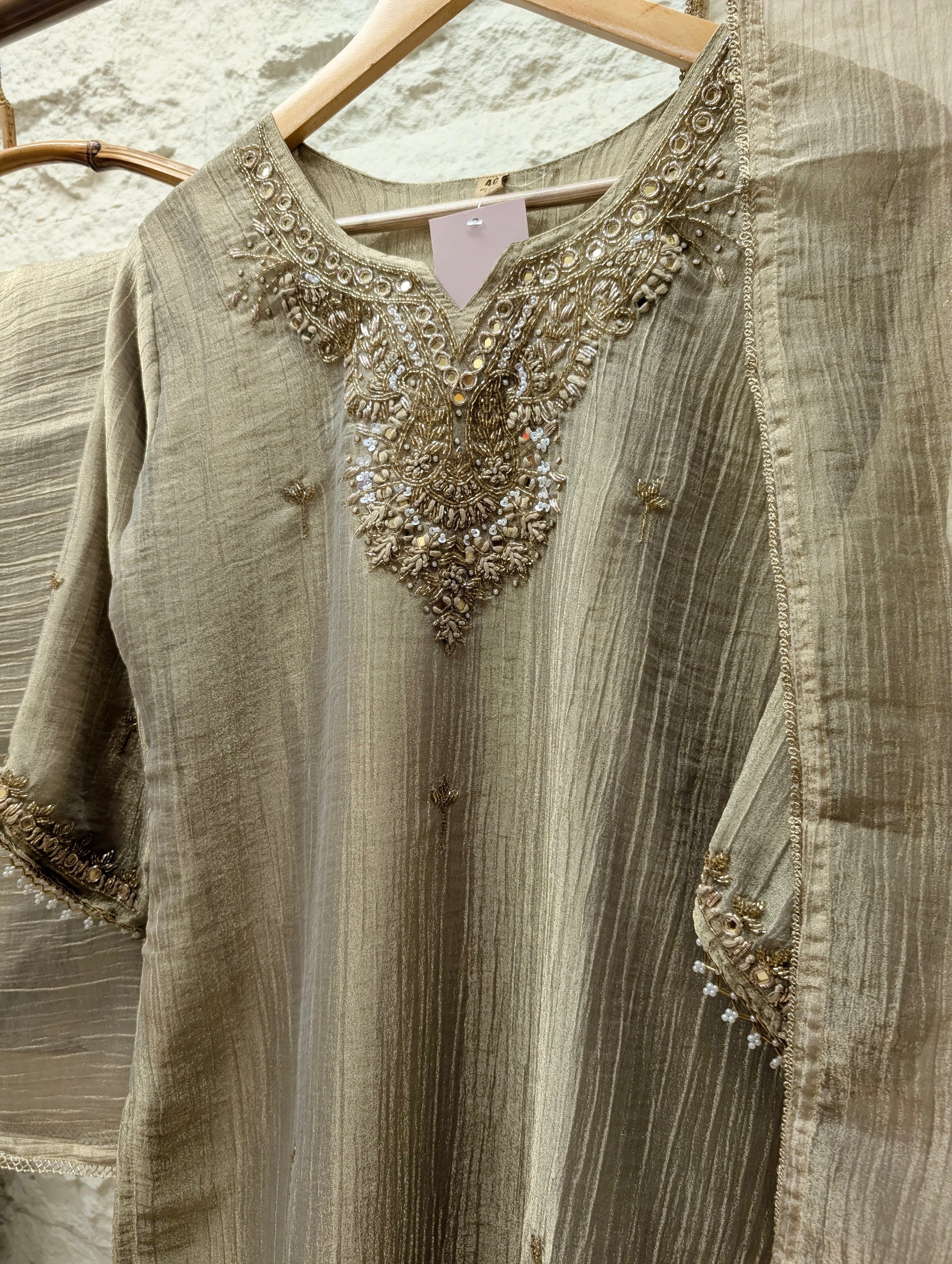 Zareen Tissue crush silk Embroidered Beige 3-Piece Set (Devri – D.No 13755)