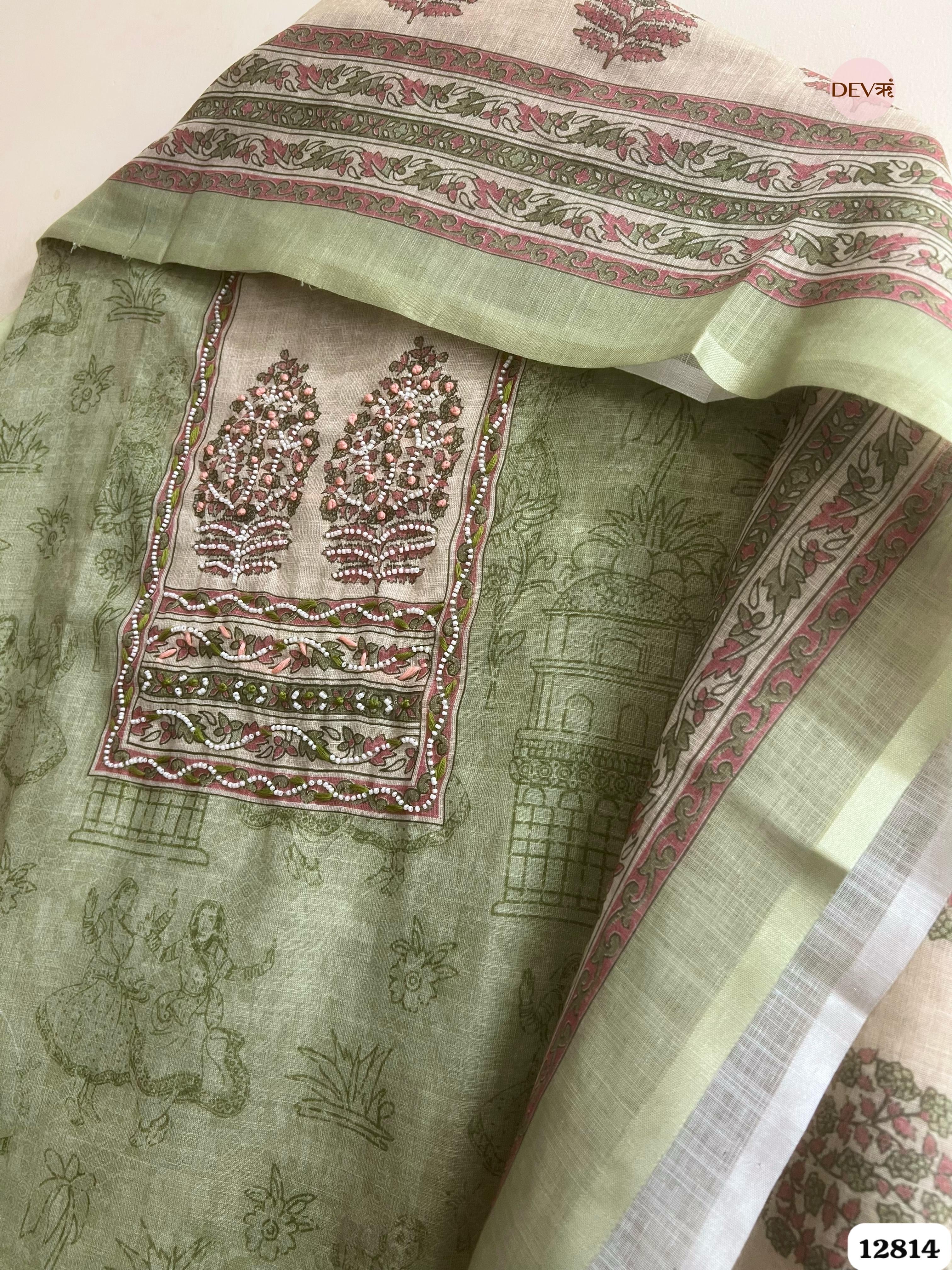 Sage Linen Cotton Printed Unstitched 3-Piece Suit (Devri – D.No 12814)