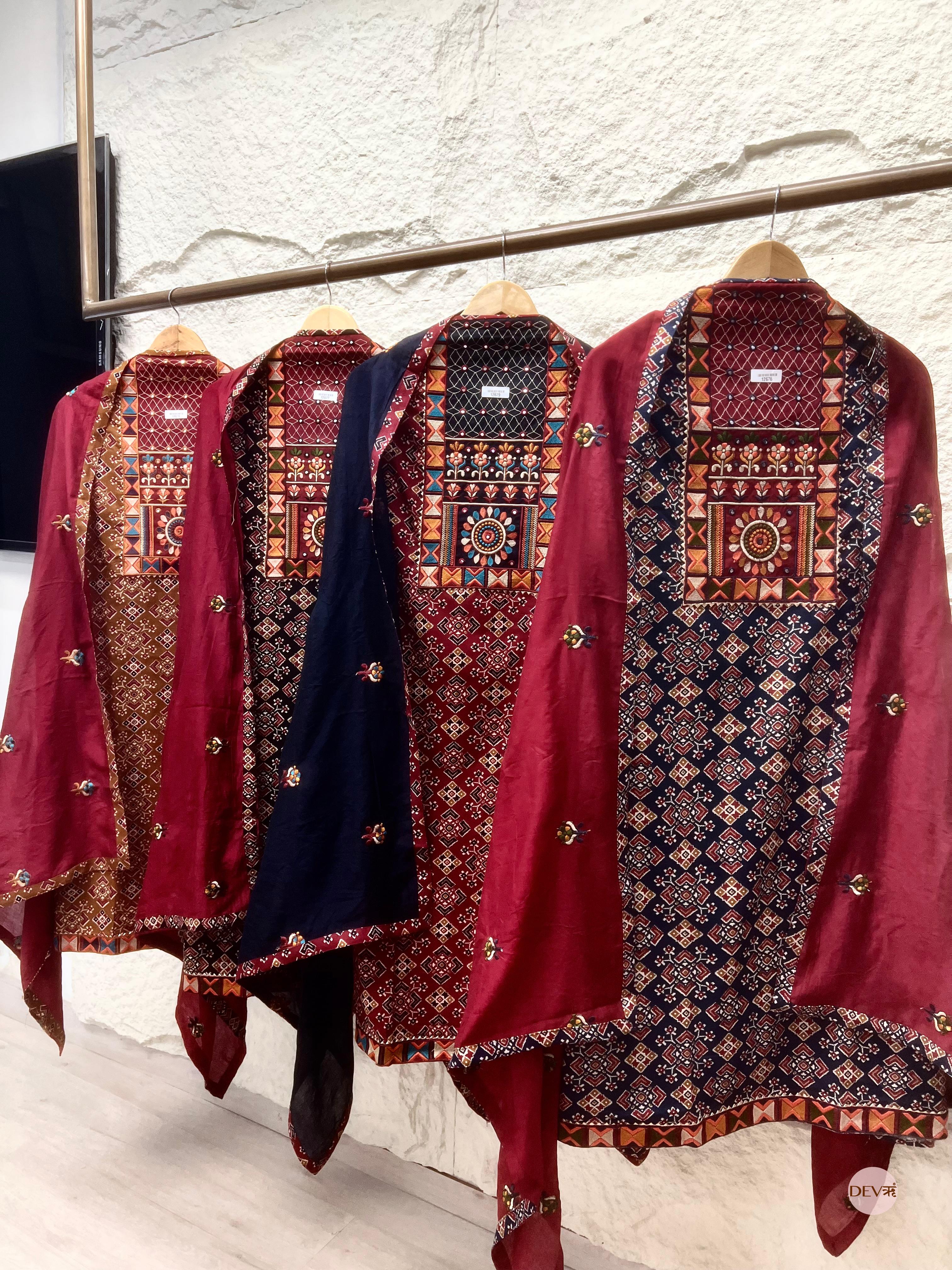 Mustard and Maroon Modal Silk Printed Unstitched 3-Piece Suit (Devri – D.No 12678)