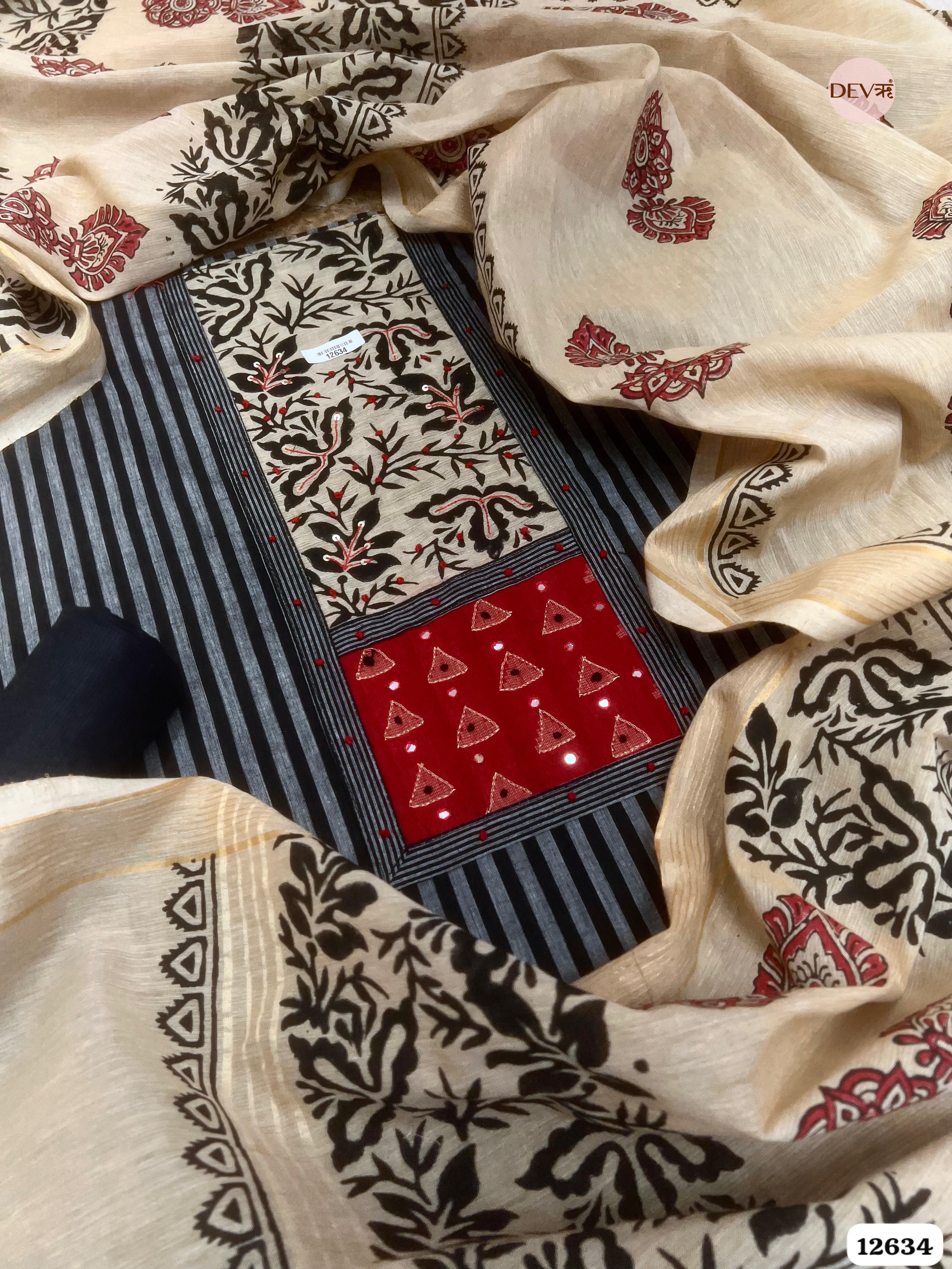 Black Cotton Printed Unstitched 3-Piece Suit (Devri – D.No 12634)