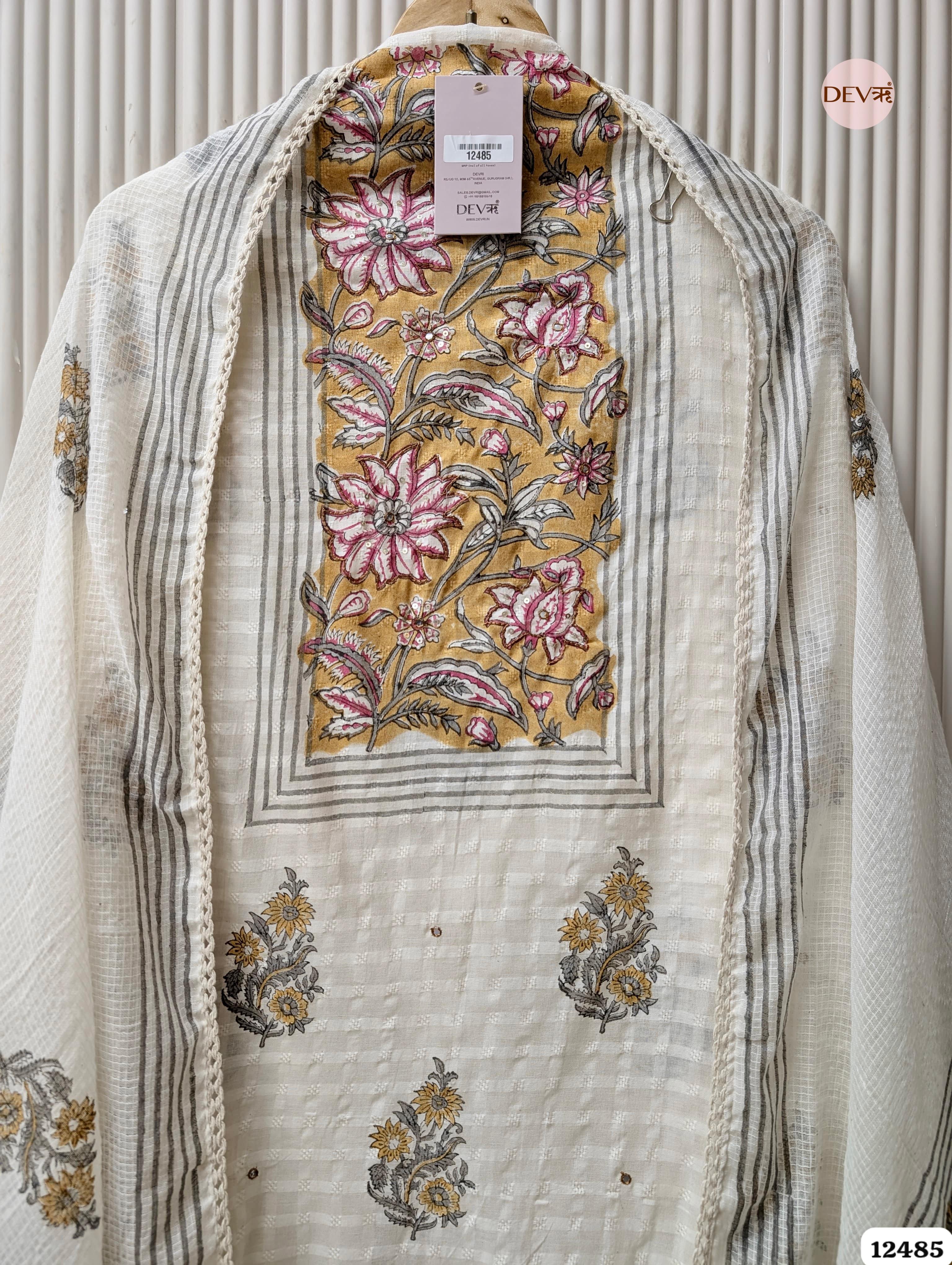 white & Yellow Pure Cotton Printed Unstitched 3-Piece Suit (Devri – D.No 12485)