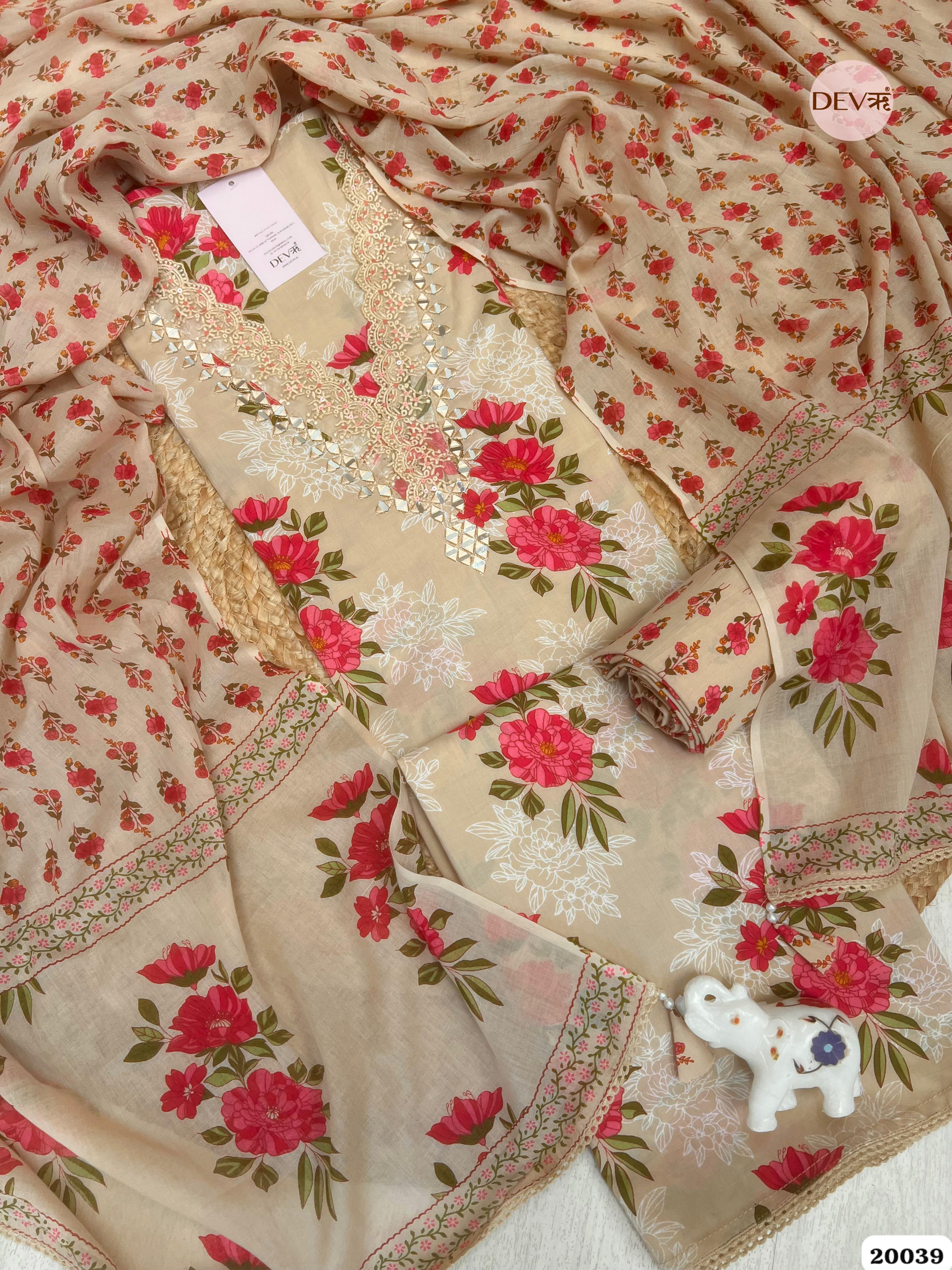 Beige Pure Cotton Printed Unstitched 3-Piece Suit (Devri – D.No. 20039)