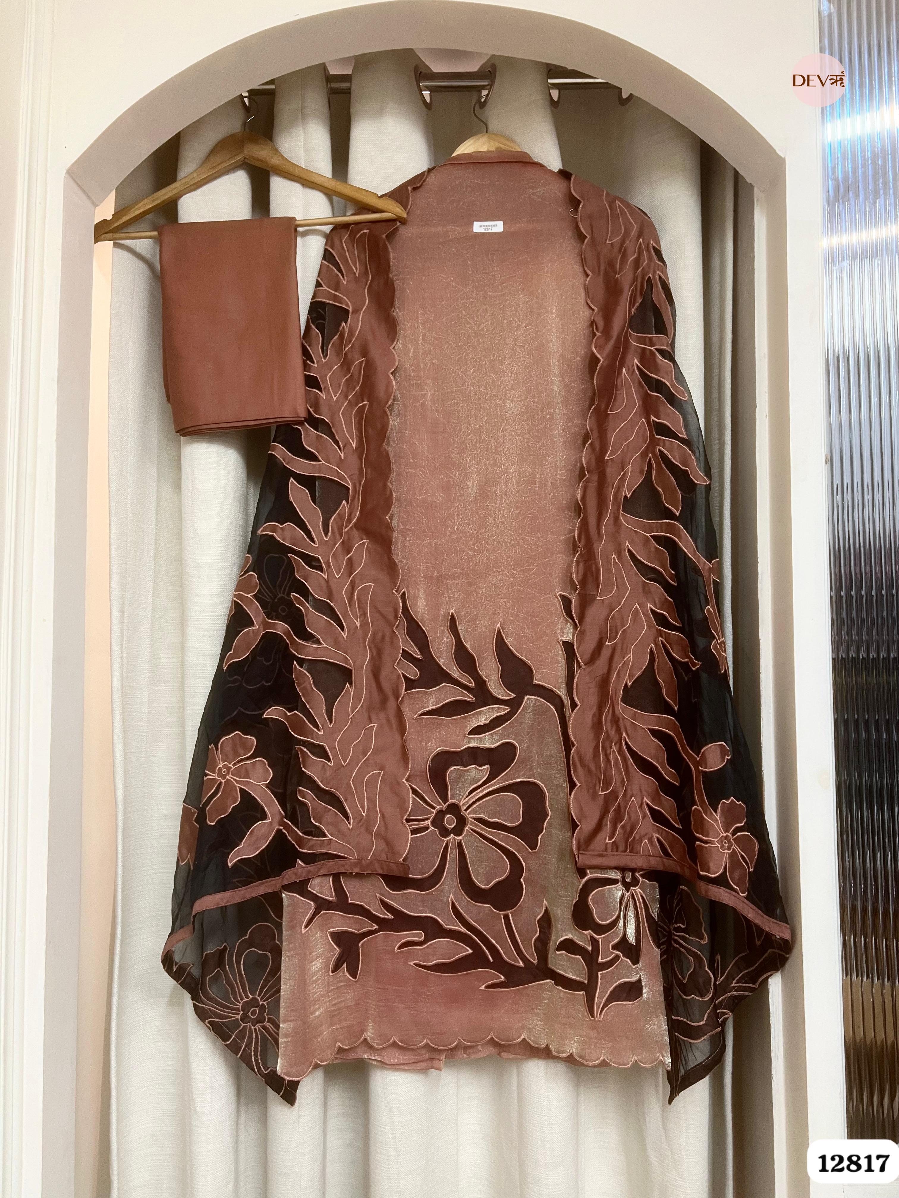 Brown Crush Tissue Silk Embroidered Unstitched 3-Piece Suit (Devri – D.No 12817)
