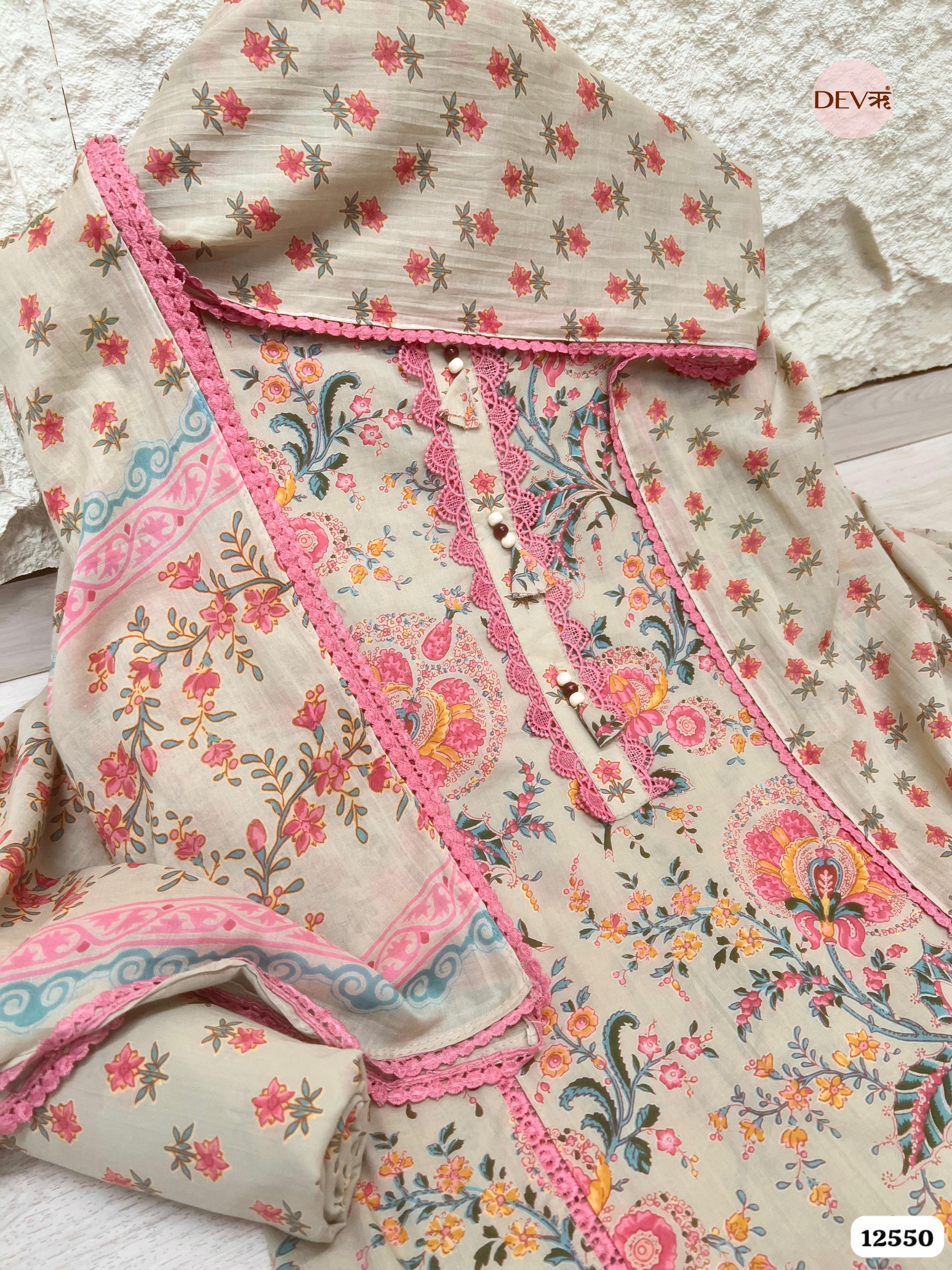 Beige Pure Cotton Floral Printed Unstitched 3-Piece Suit (Devri – D.No 12550)