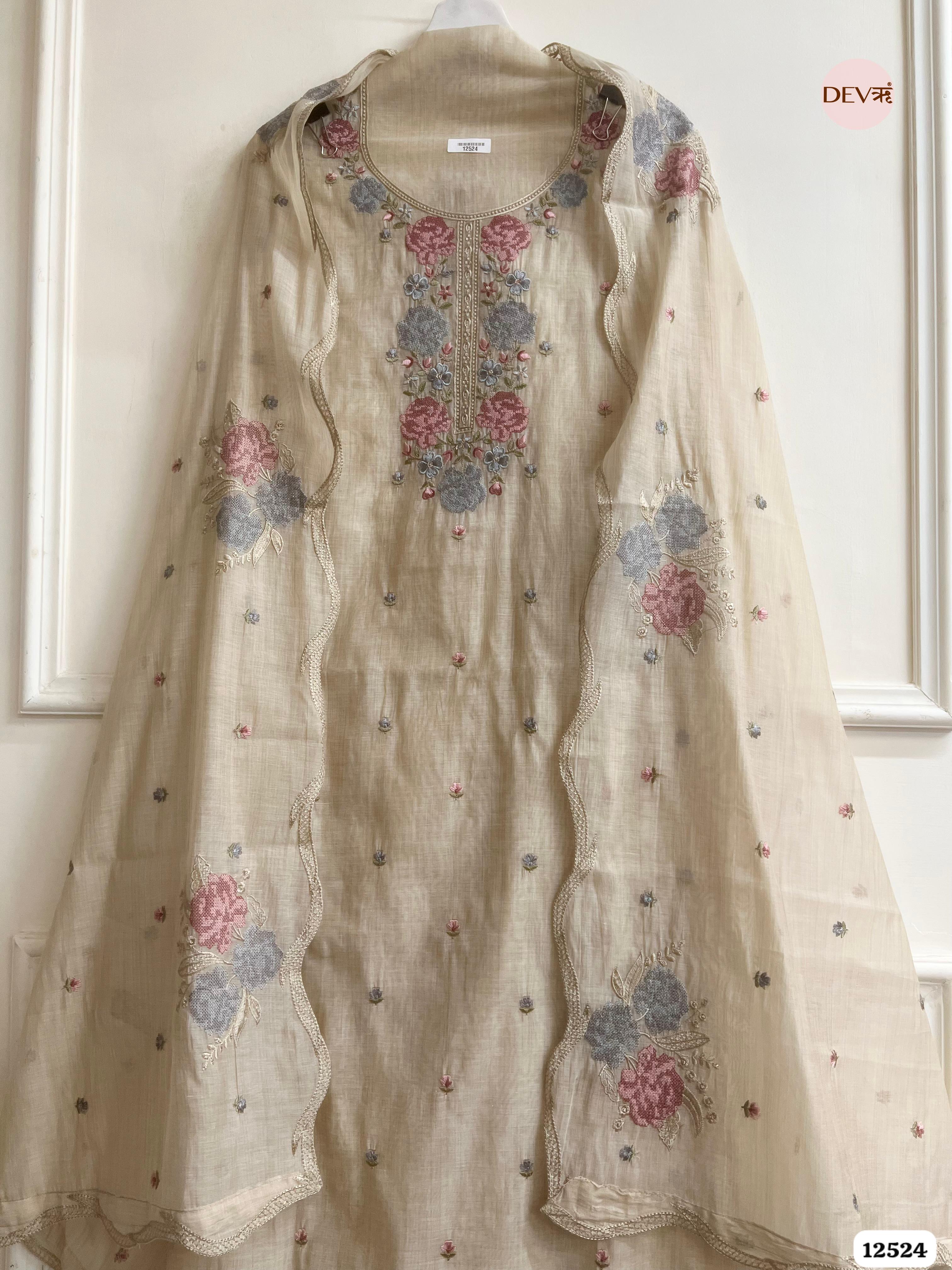 baige Mul Chanderi Embroidered Unstitched 3-Piece Suit (Devri – D.No. 12524)