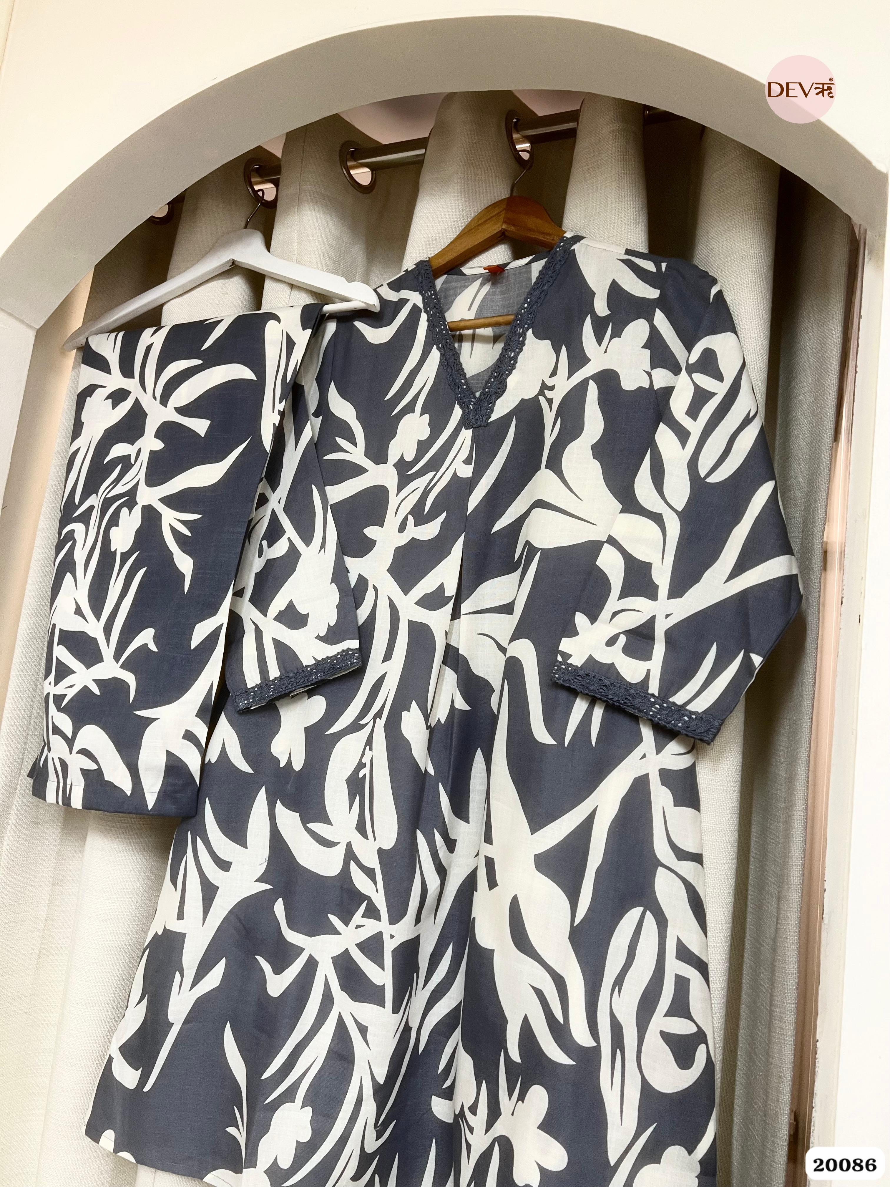Drishti Cotton Printed Charcoal & Ivory 2-Piece Set (Devri – D.No 20086)