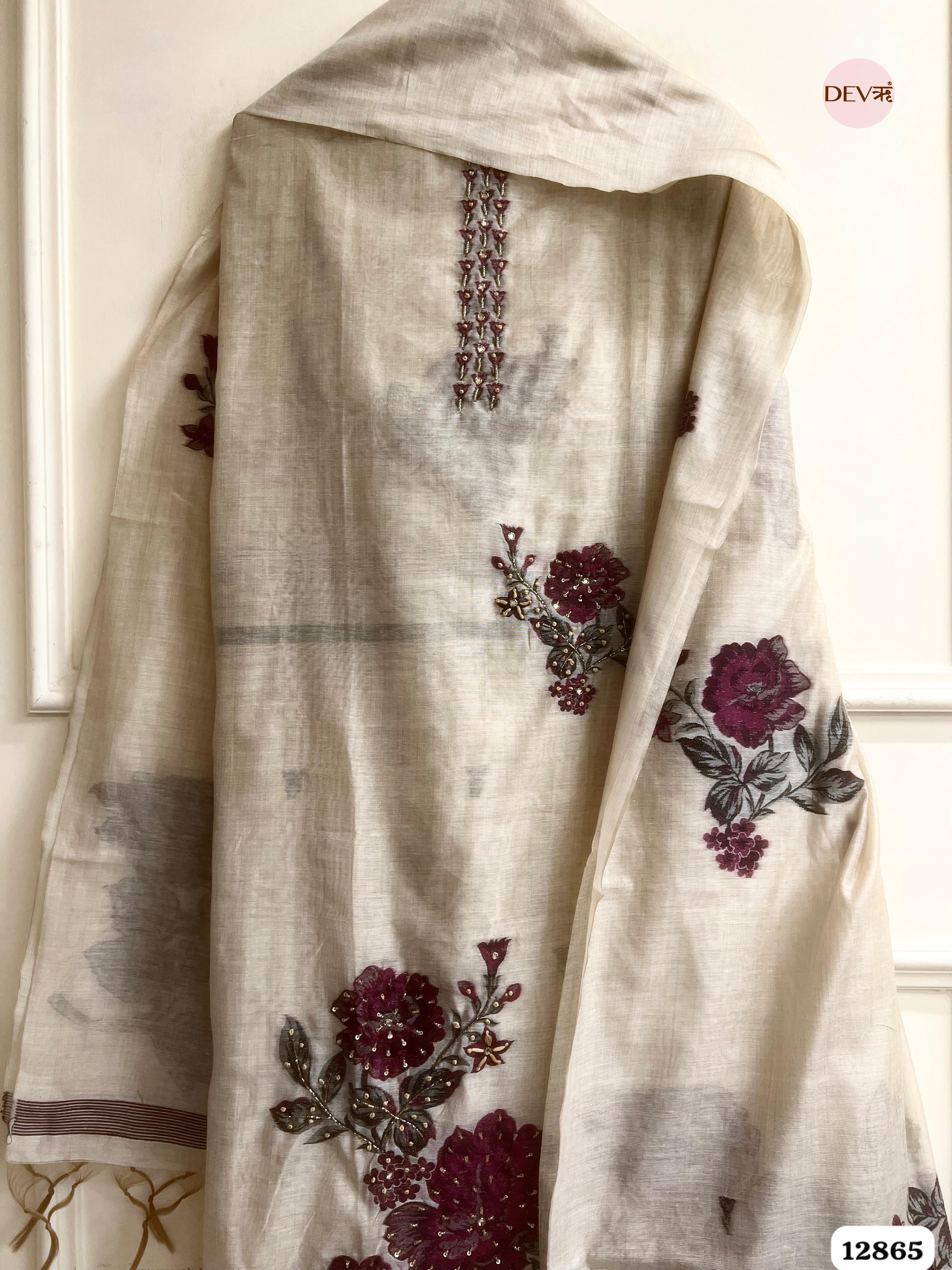 Ivory Mul Chanderi Embroidered Unstitched 3-Piece Suit (Devri – D.No 12865)