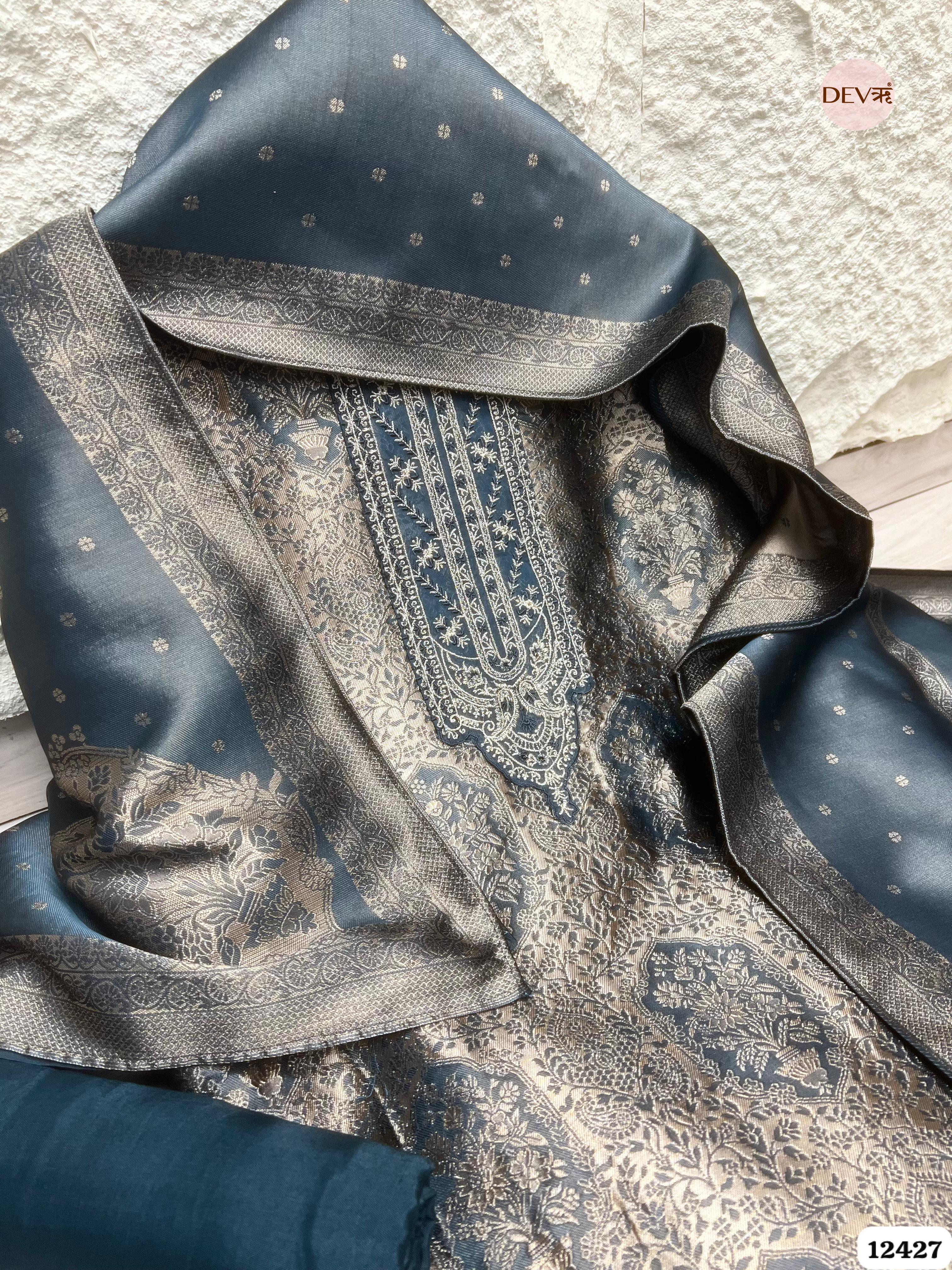 Slate Grey Banarasi Silk Printed Unstitched 3-Piece Suit (Devri – D.No. 12427)