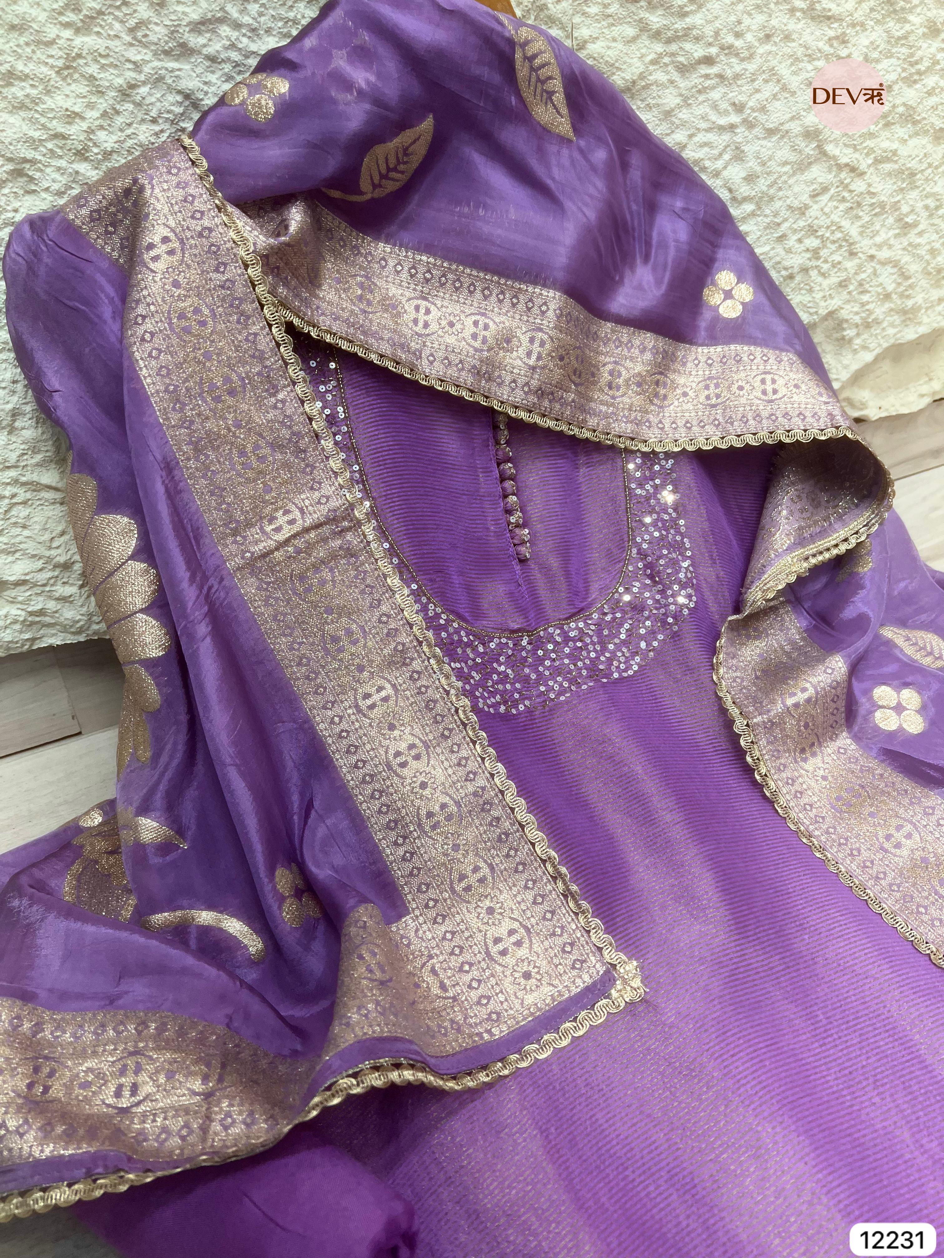 Lavender Tissue Shimmer Silk Embroidered Unstitched 3-Piece Suit (Devri – D.No 12231)