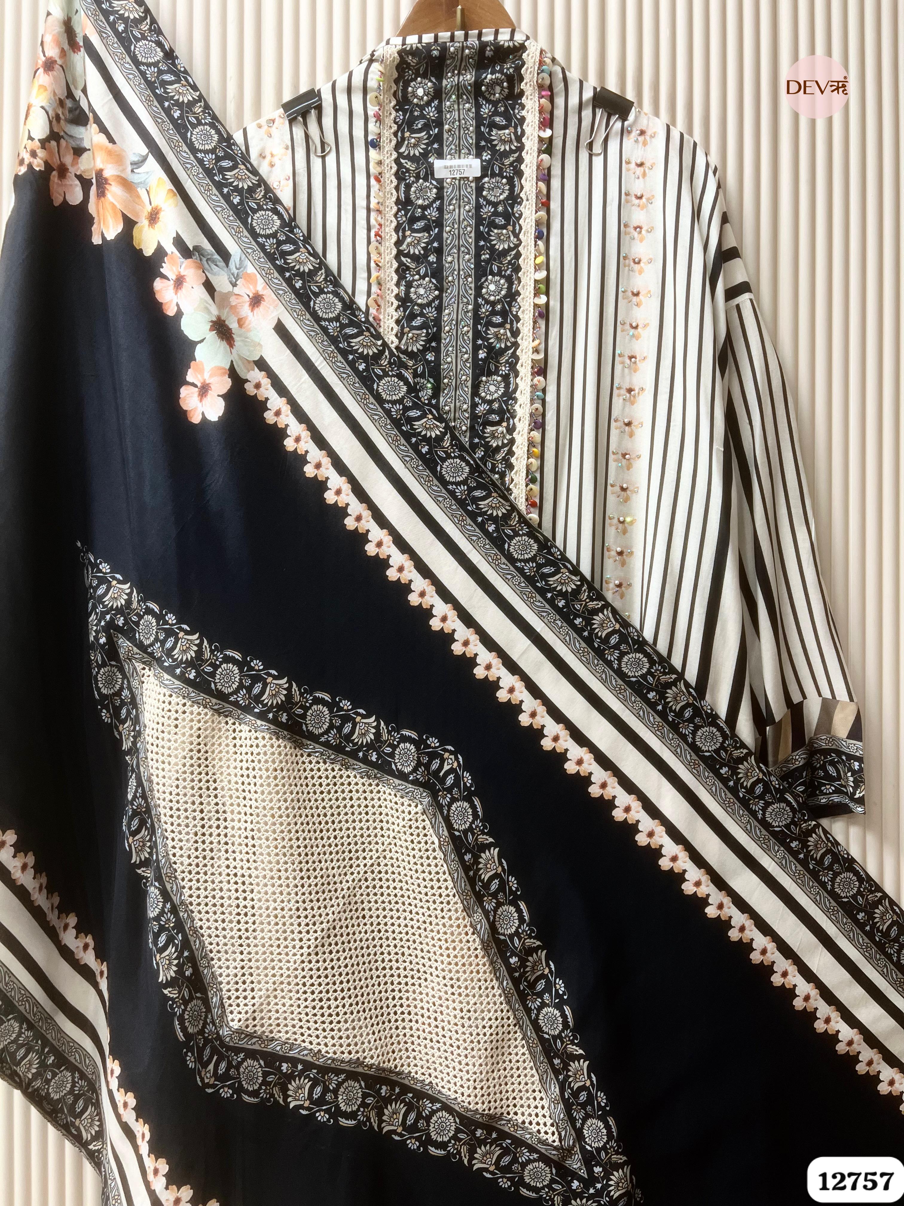 Black Muslin Floral Printed Unstitched 3-Piece Suit (Devri – D.No 12757)