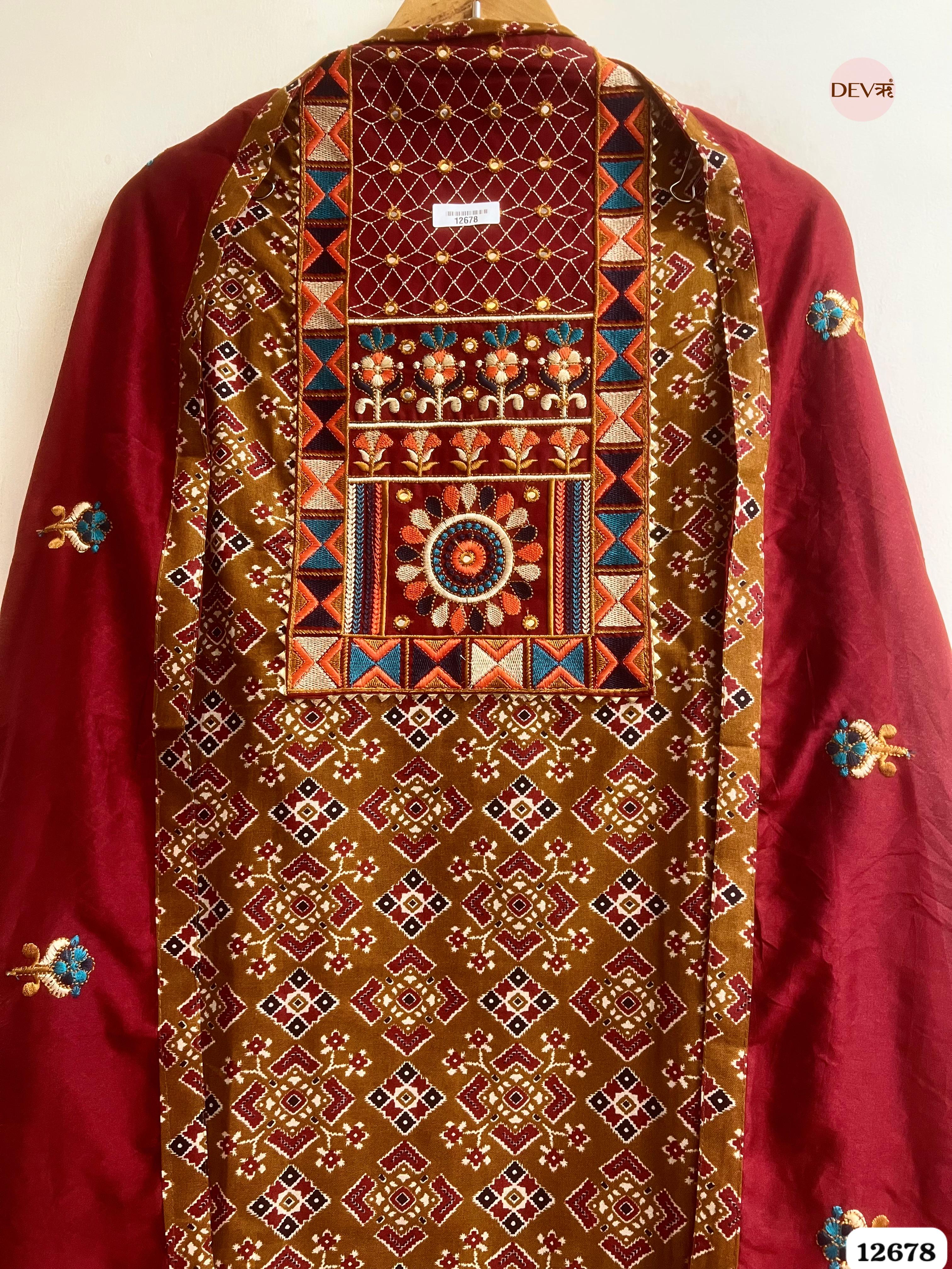 Mustard and Maroon Modal Silk Printed Unstitched 3-Piece Suit (Devri – D.No 12678)