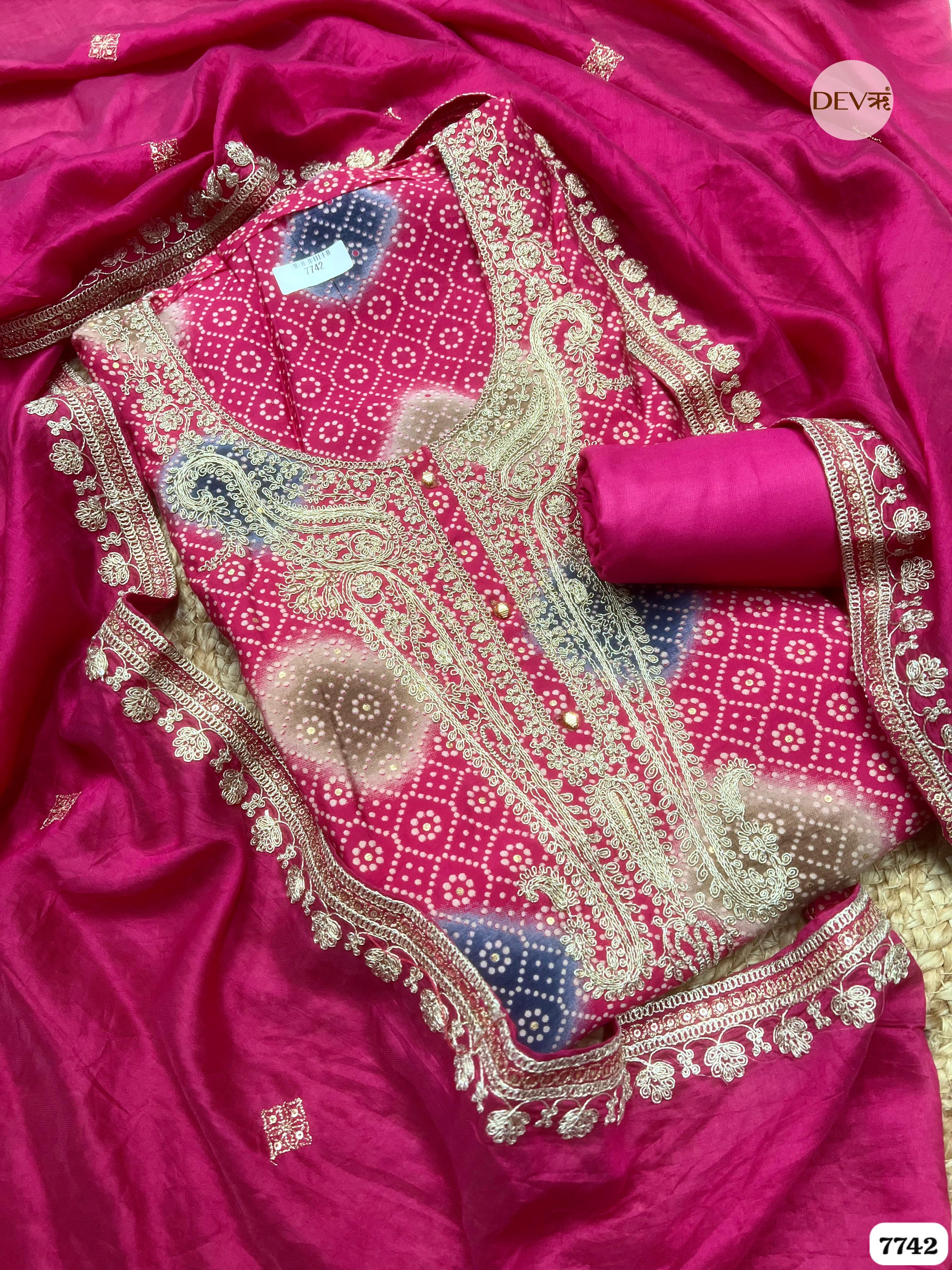 Crimson Modal Silk Printed and Embroidered Unstitched 3-Piece Suit (Devri – D.No 7742)